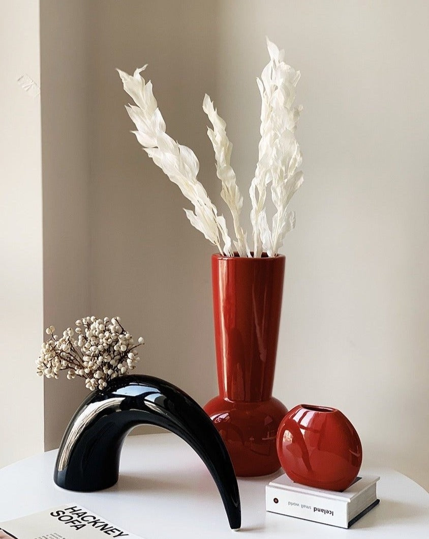 Bauhaus Style Ceramic Art Deco Vase Combo 2: Red Vase + Black Vase + Bud Vase