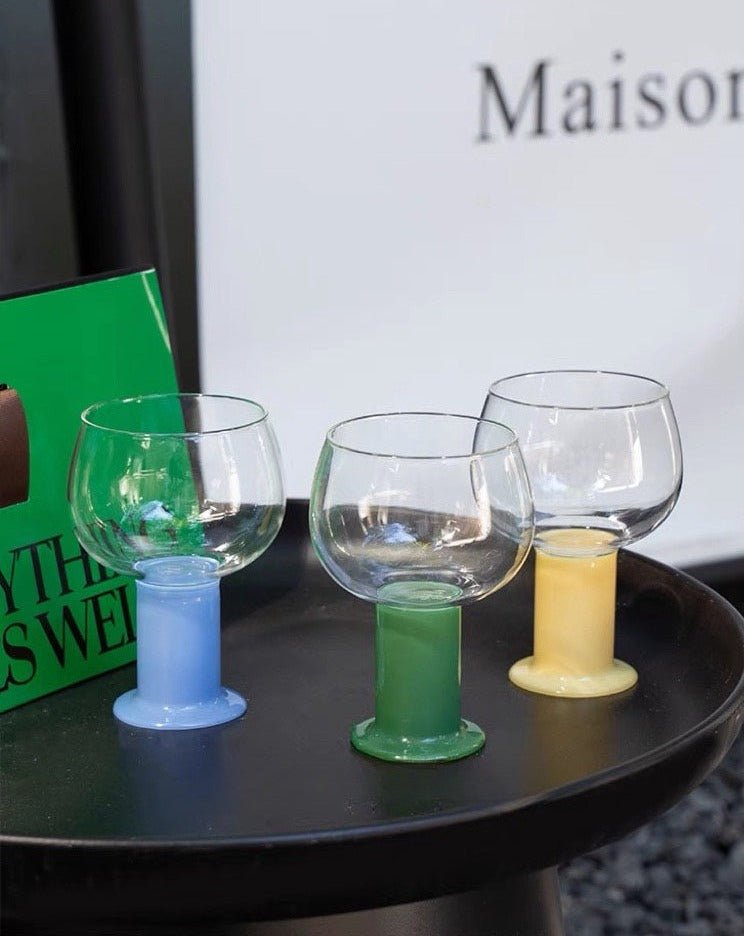 Handblown Whimsical Ecletic Chubby Coloured Wine Glasses Set of 2 Pcs Mango Set of 2 Pcs