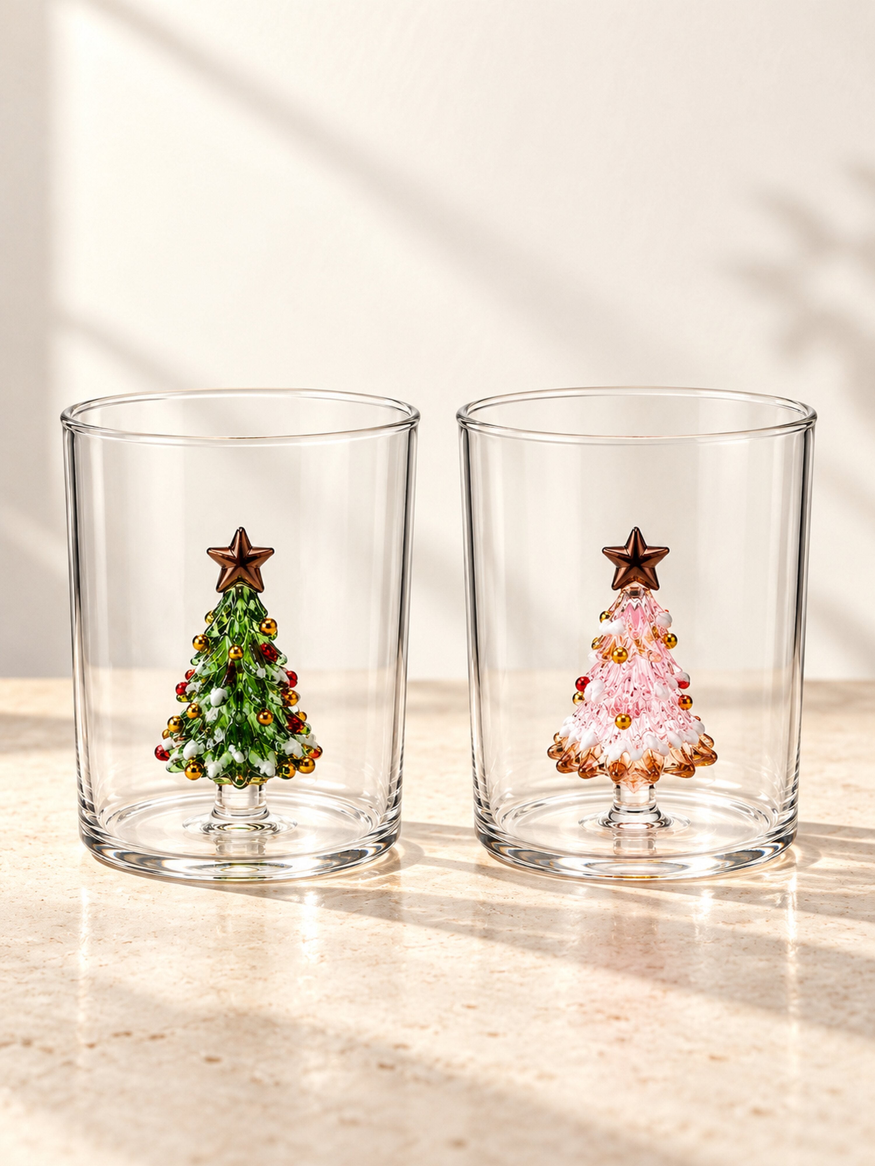 Christmas Tree Glass Tumblers Set of 2, Whimsical Glassware for Holiday Table Settings and Christmas Parties