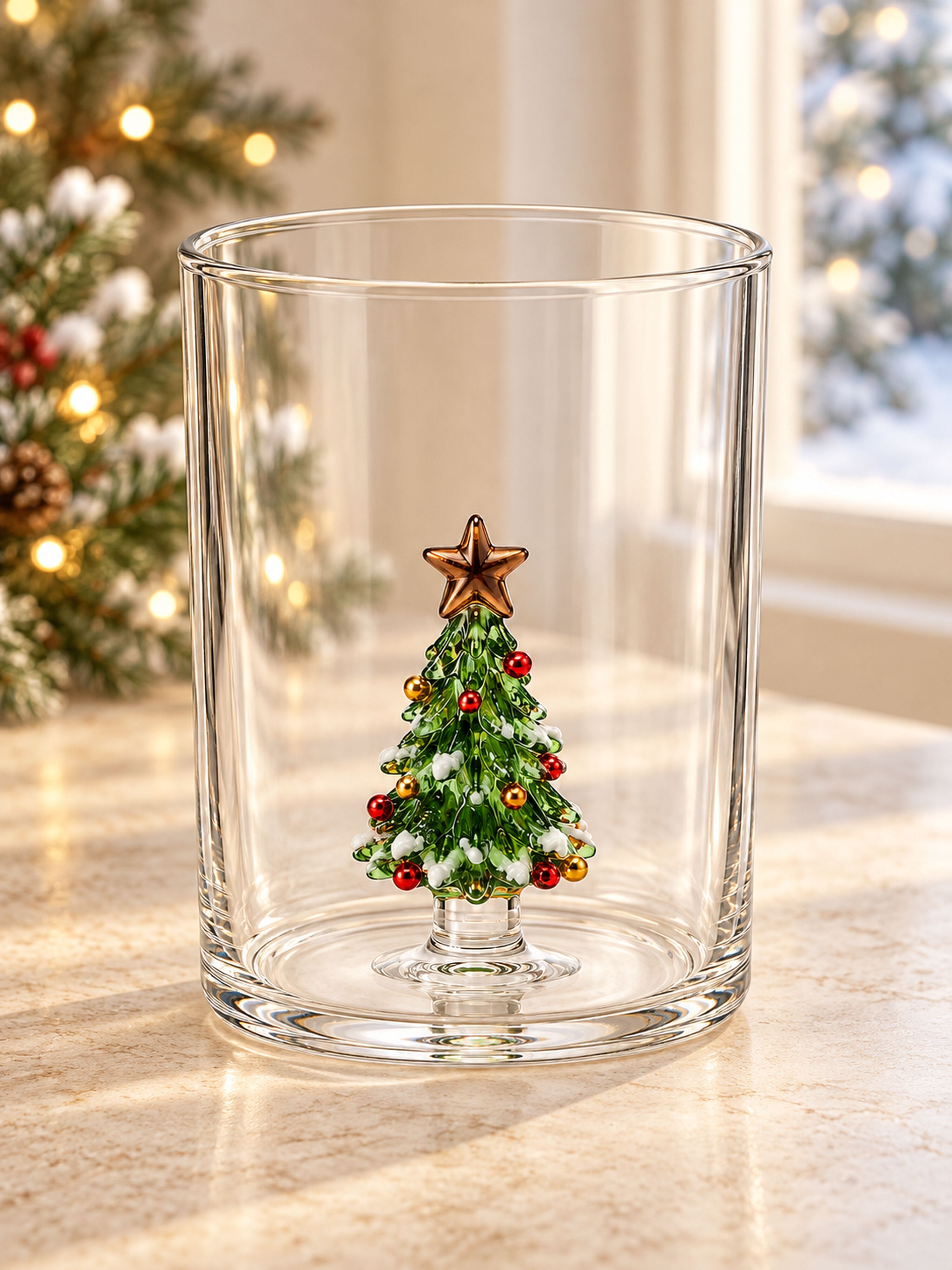 Christmas Tree Glass Tumblers Set of 2, Whimsical Glassware for Holiday Table Settings and Christmas Parties