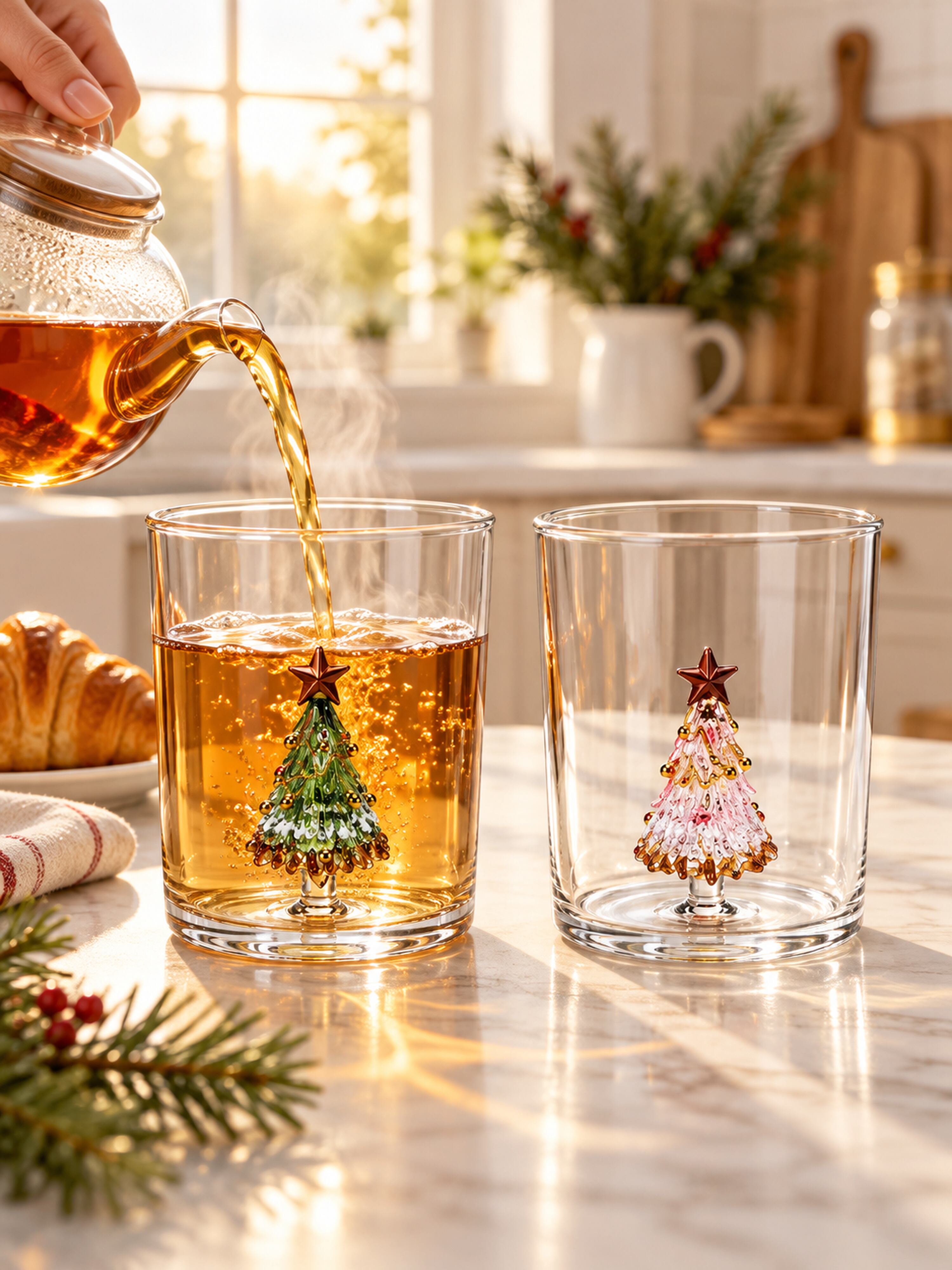 Christmas Tree Glass Tumblers Set of 2, Whimsical Glassware for Holiday Table Settings and Christmas Parties