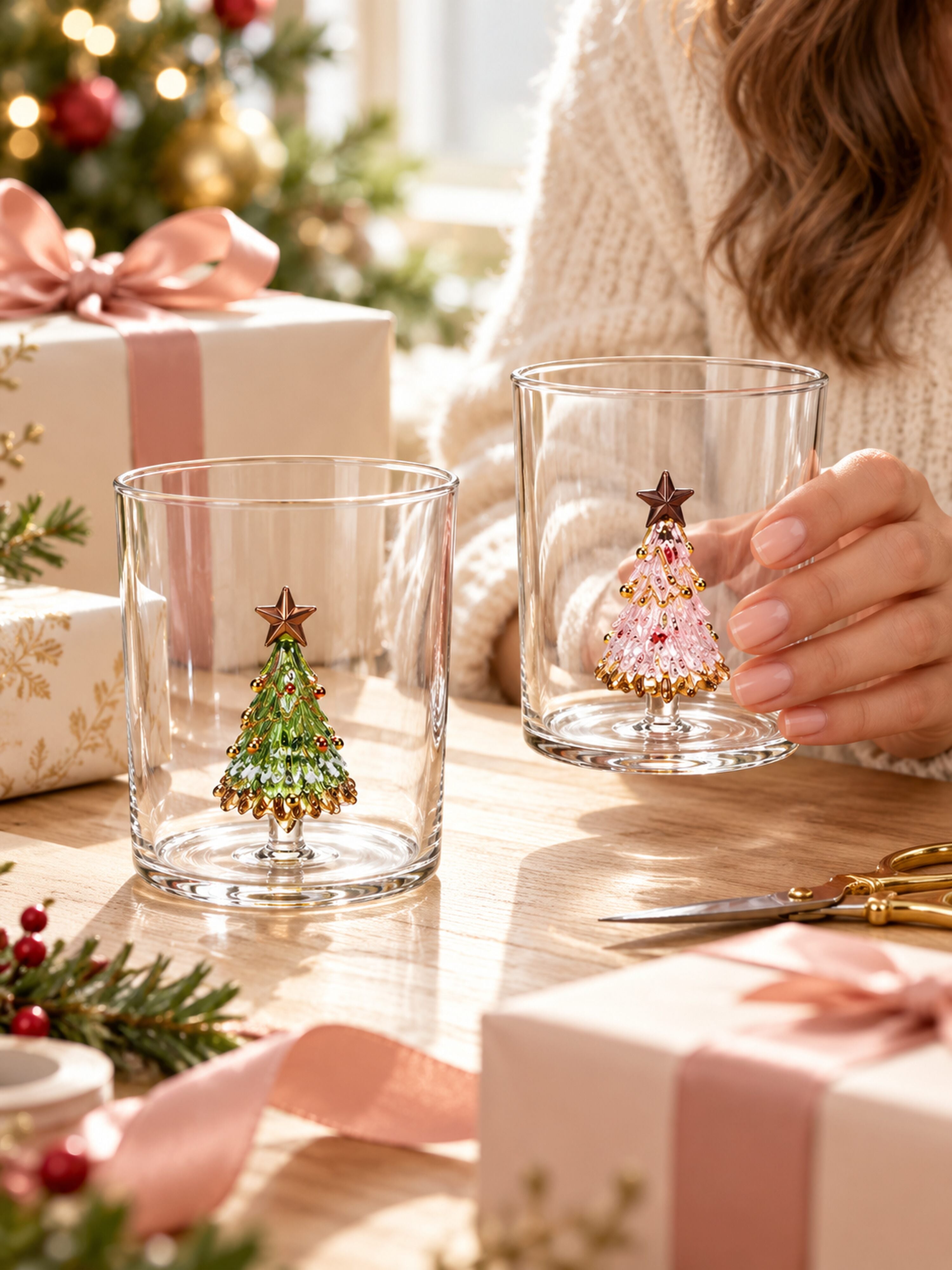 Christmas Tree Glass Tumblers Set of 2, Whimsical Glassware for Holiday Table Settings and Christmas Parties