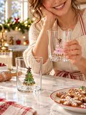 Christmas Tree Glass Tumblers Set of 2, Whimsical Glassware for Holiday Table Settings and Christmas Parties