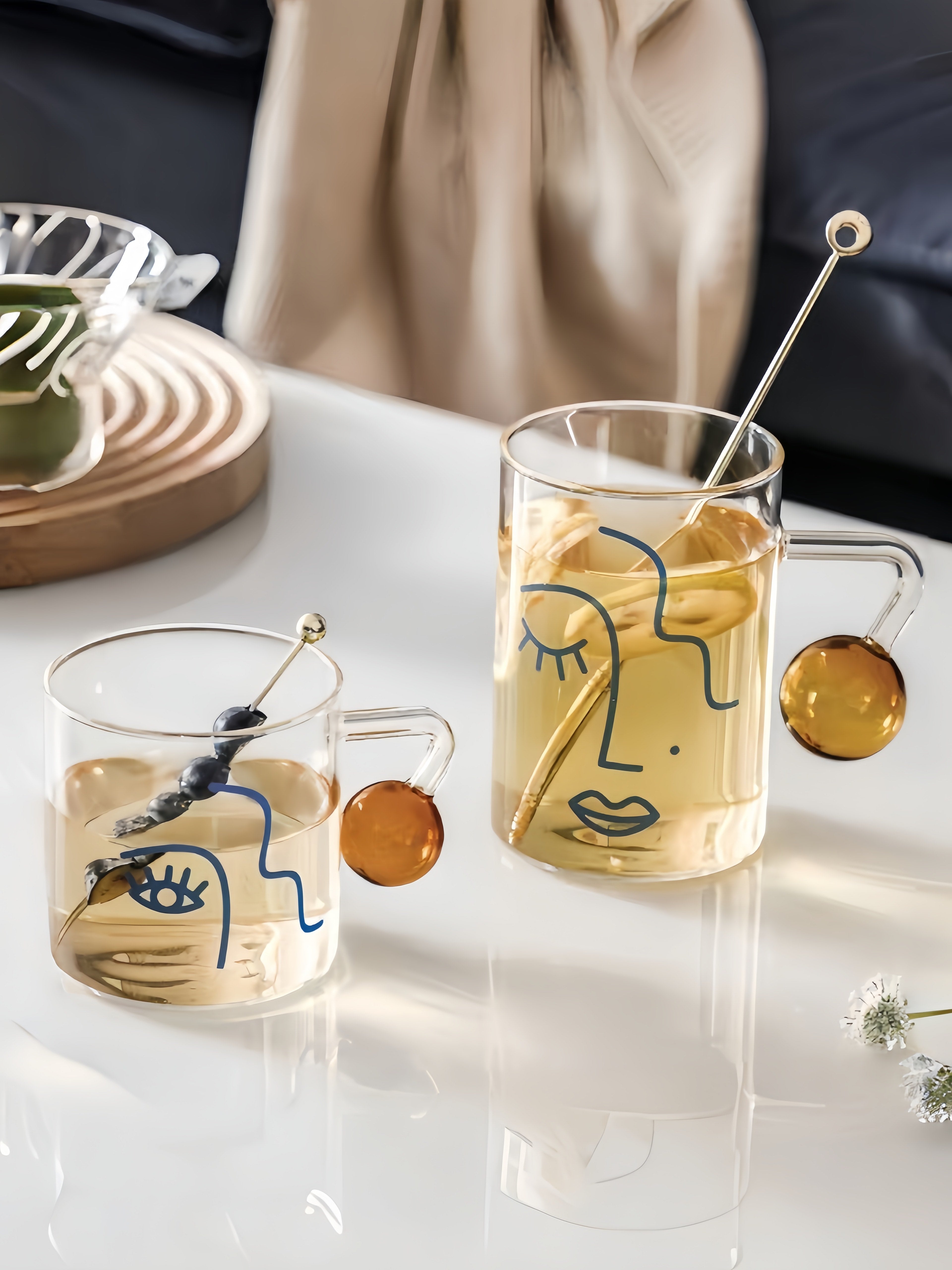 Artful Faces Glass Mug Set of 2, Playful Abstract Coffee, Espresso, Tea Cups with Handles