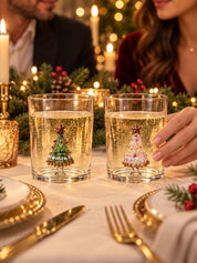 Christmas Tree Glass Tumblers Set of 2, Whimsical Glassware for Holiday Table Settings and Christmas Parties