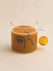 Artful Faces Glass Mug Set of 2, Playful Abstract Coffee, Espresso, Tea Cups with Handles