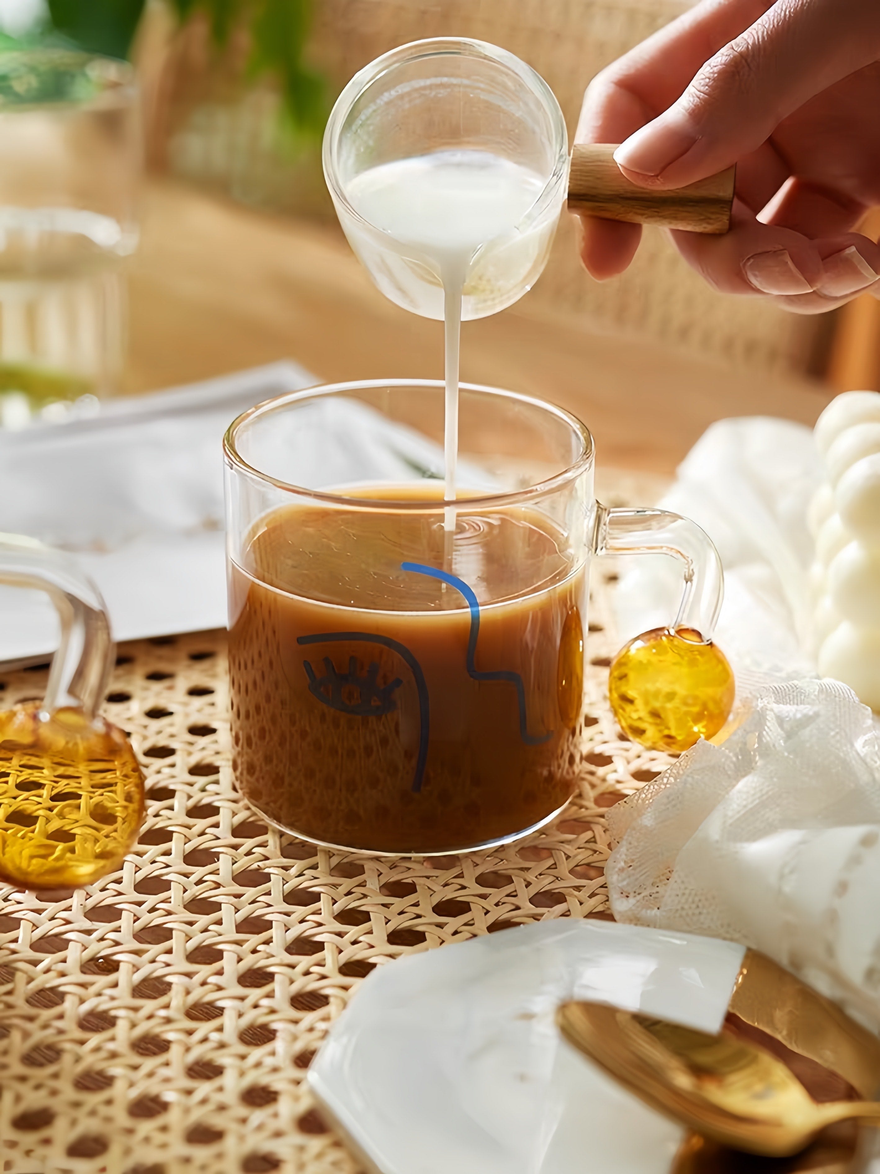 Artful Faces Glass Mug Set of 2, Playful Abstract Coffee, Espresso, Tea Cups with Handles