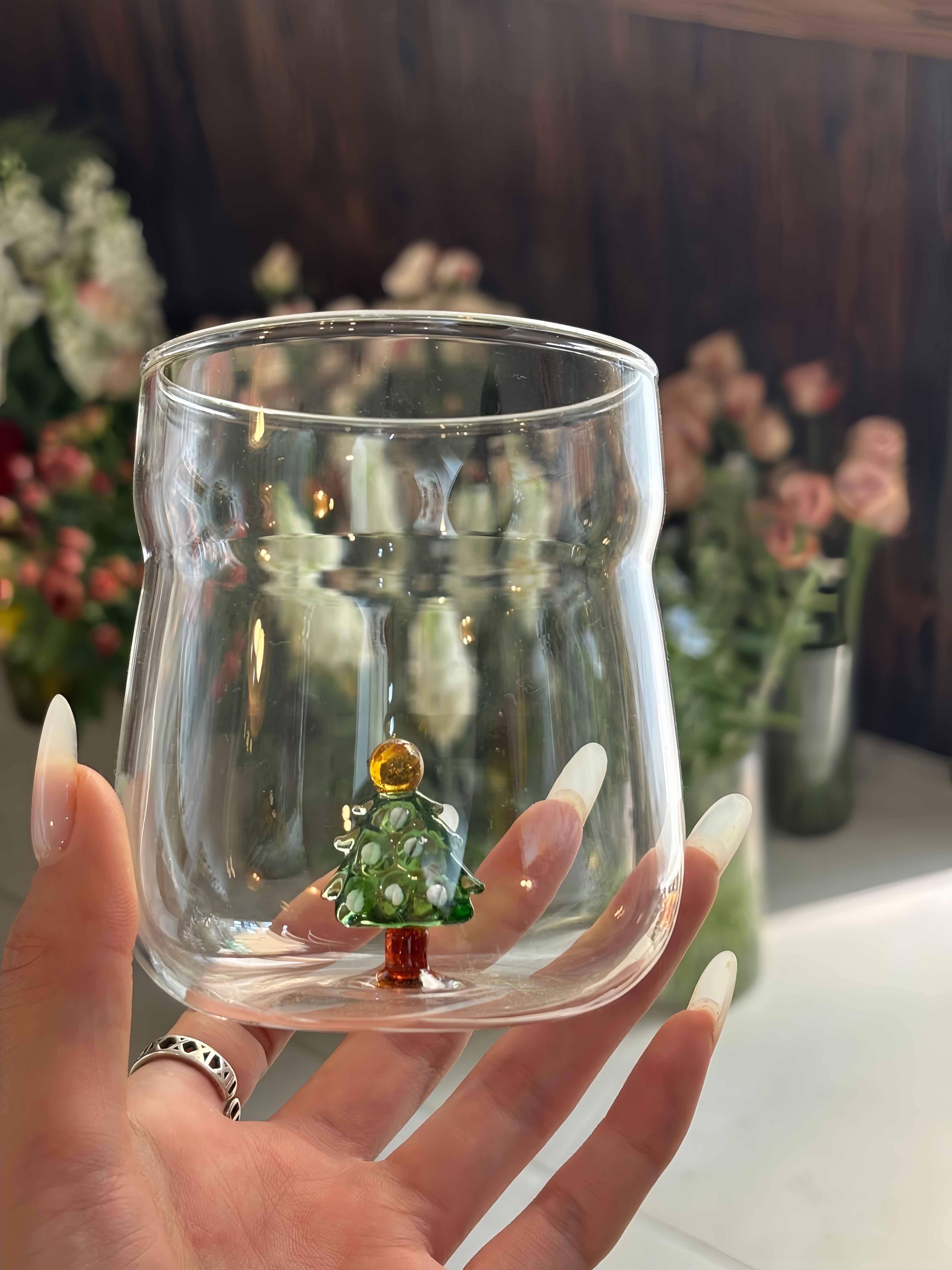 Christmas Cheer Glass Tumblers Set of 2, Whimsical Santa Xmas Tree Cups for Holiday Table Settings