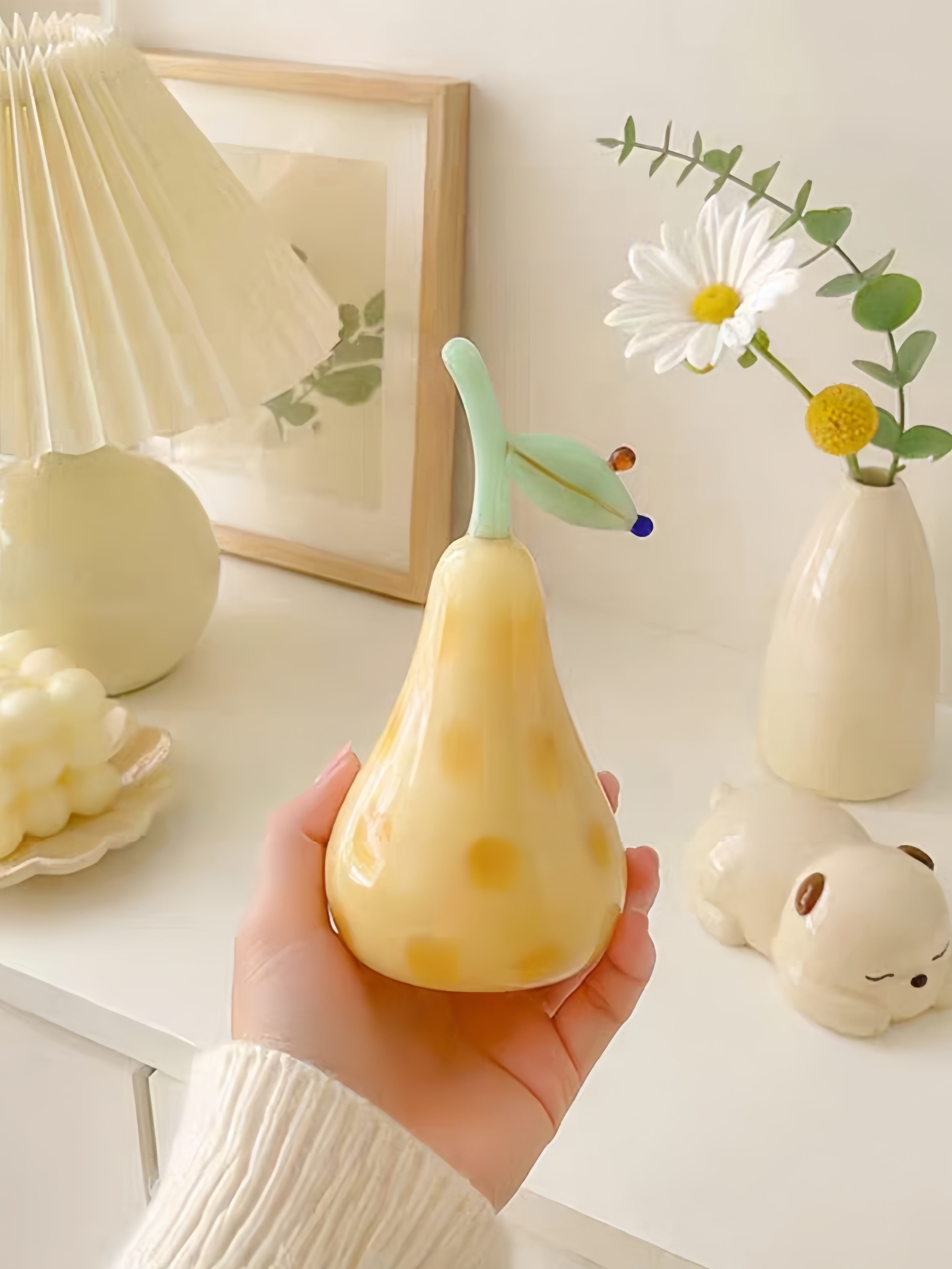 Golden Pear Glass Figurine, Whimsical Fruit Sculpture for Kitchen Shelf & Dining Table Decor