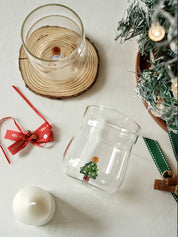 Christmas Cheer Glass Tumblers Set of 2, Whimsical Santa Xmas Tree Cups for Holiday Table Settings