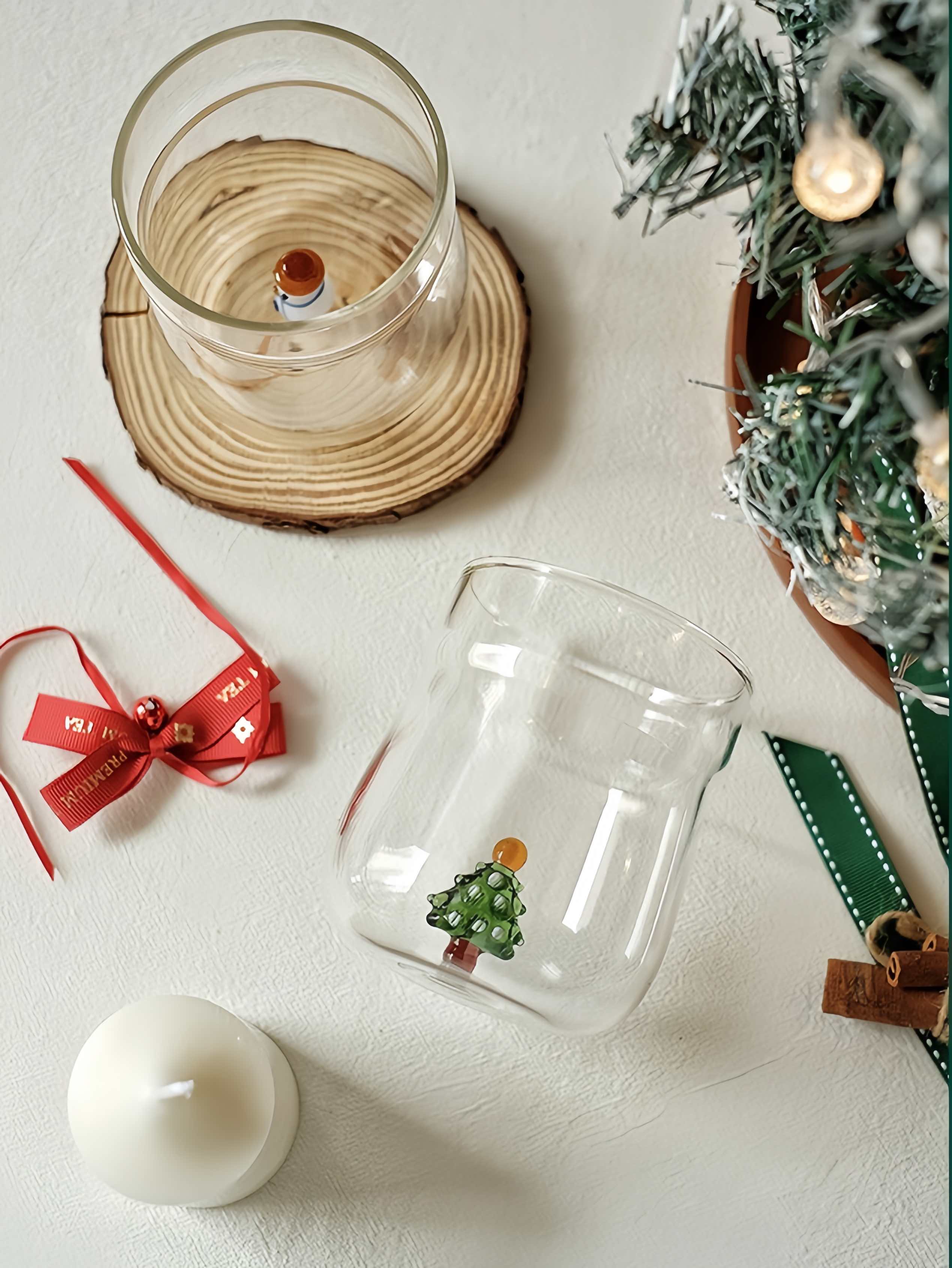 Christmas Cheer Glass Tumblers Set of 2, Whimsical Santa Xmas Tree Cups for Holiday Table Settings
