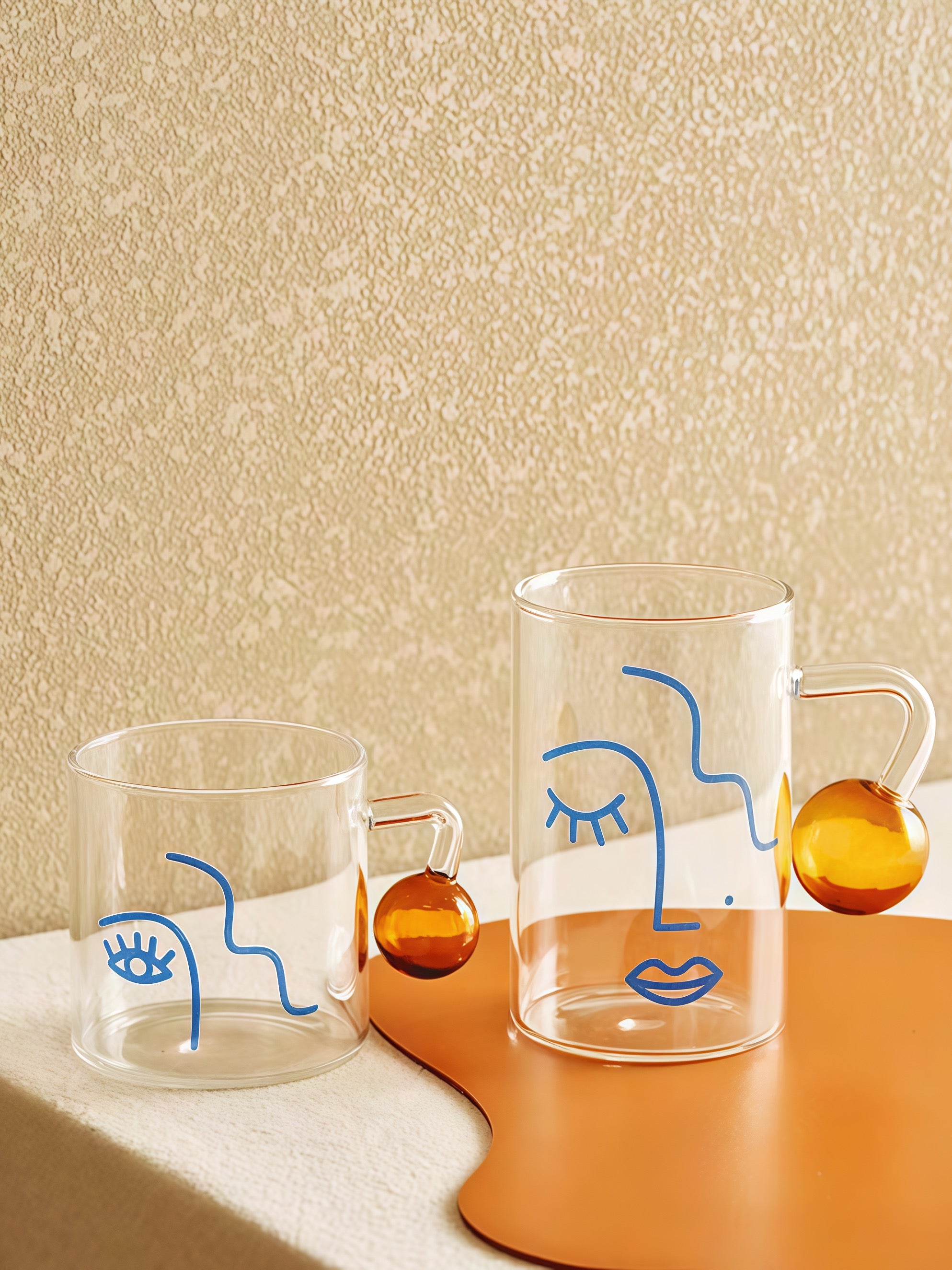 Artful Faces Glass Mug Set of 2, Playful Abstract Coffee, Espresso, Tea Cups with Handles