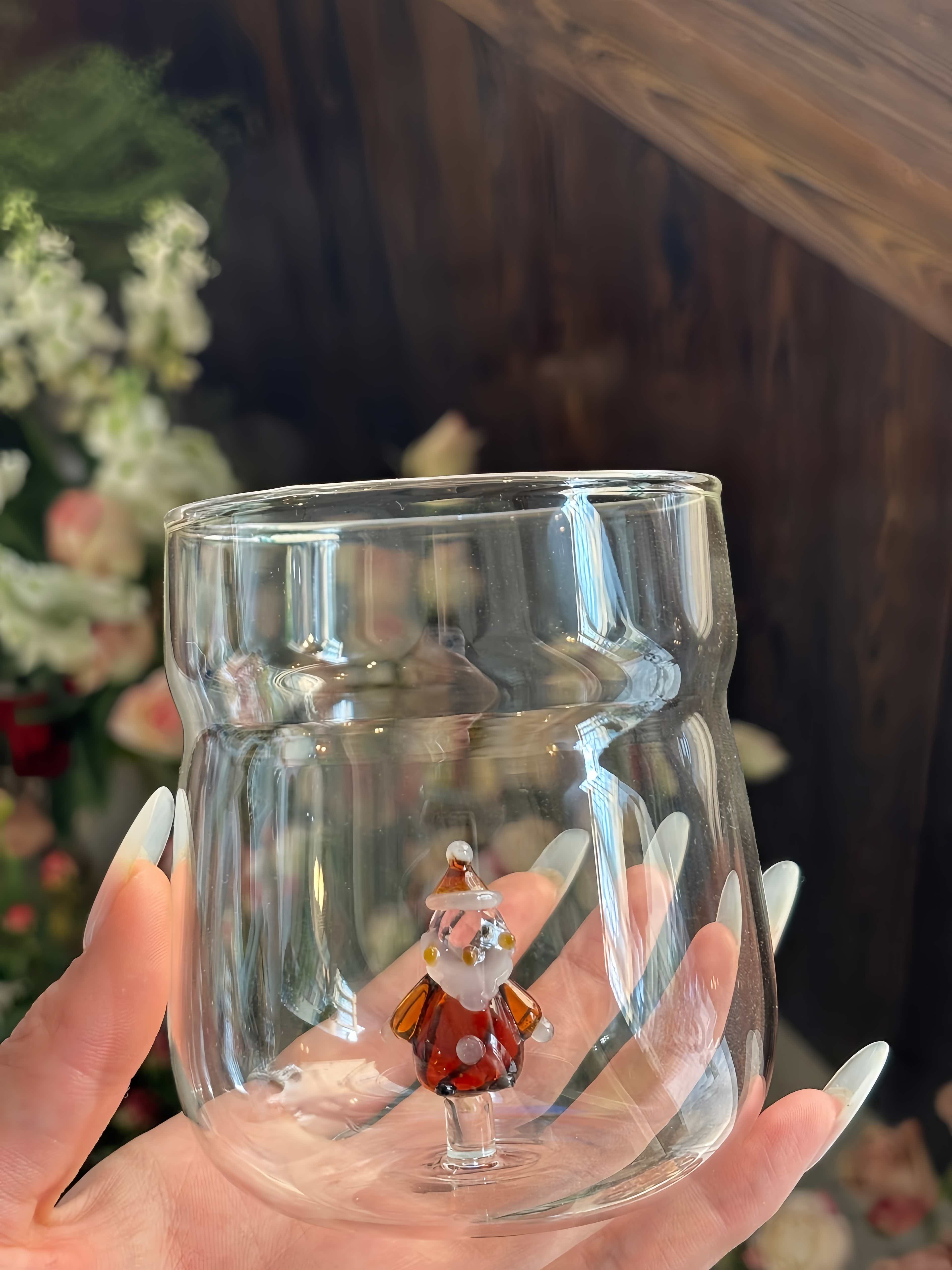 Christmas Cheer Glass Tumblers Set of 2, Whimsical Santa Xmas Tree Cups for Holiday Table Settings