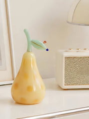 Golden Pear Glass Figurine, Whimsical Fruit Sculpture for Kitchen Shelf & Dining Table Decor