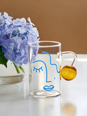 Artful Faces Glass Mug Set of 2, Playful Abstract Coffee, Espresso, Tea Cups with Handles