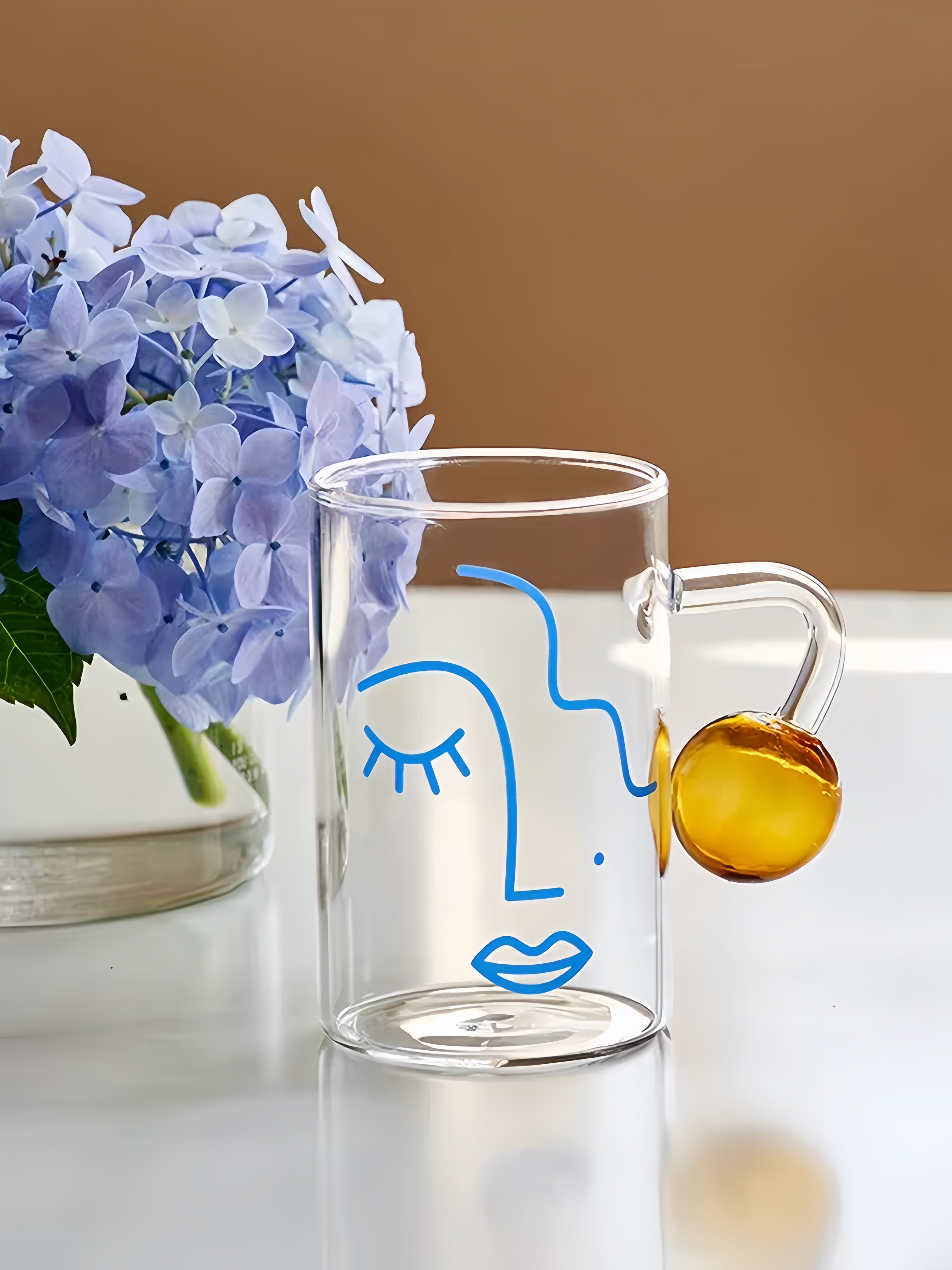 Artful Faces Glass Mug Set of 2, Playful Abstract Coffee, Espresso, Tea Cups with Handles