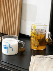 Artful Faces Glass Mug Set of 2, Playful Abstract Coffee, Espresso, Tea Cups with Handles