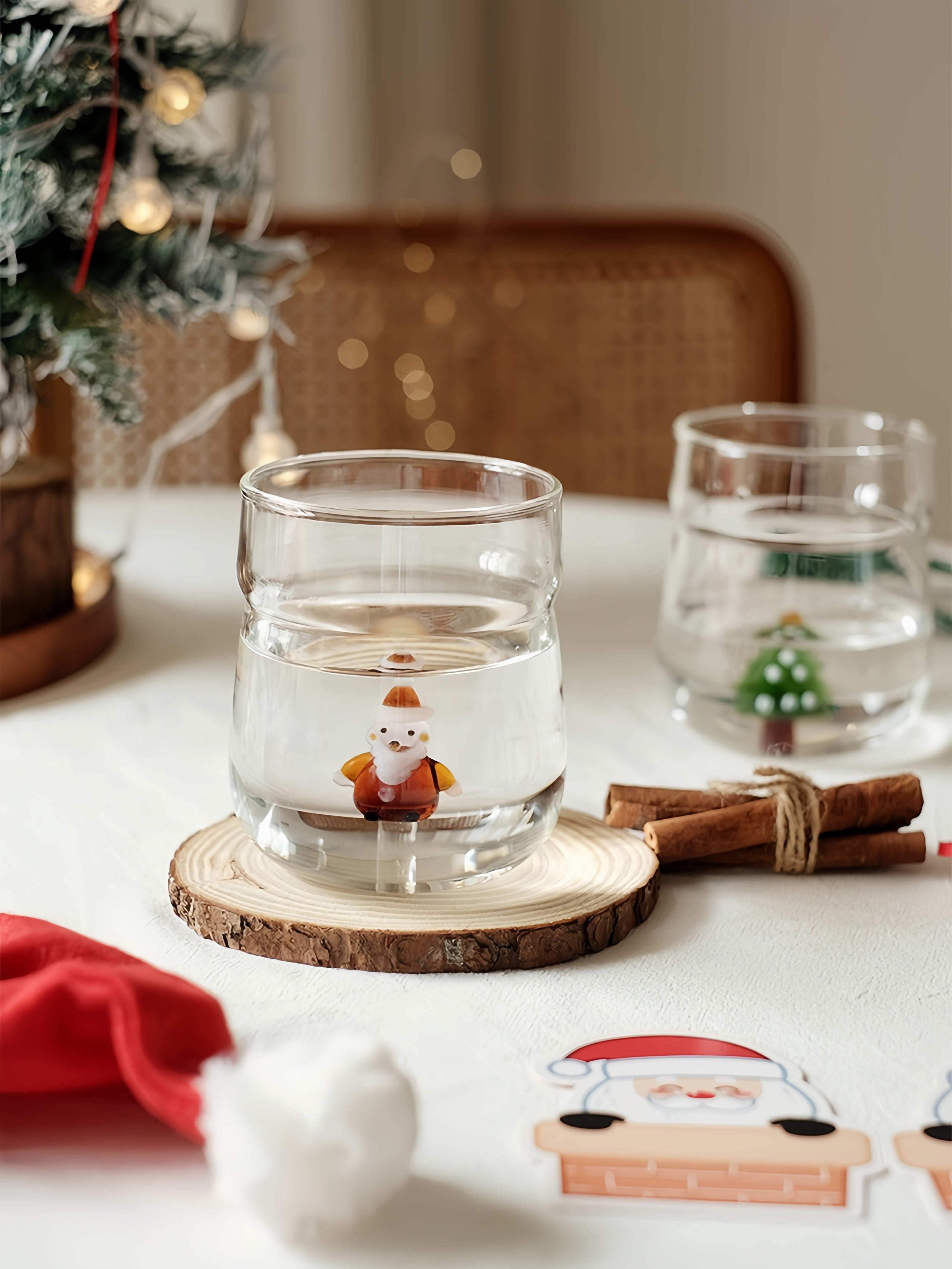 Christmas Cheer Glass Tumblers Set of 2, Whimsical Santa Xmas Tree Cups for Holiday Table Settings