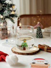 Christmas Cheer Glass Tumblers Set of 2, Whimsical Santa Xmas Tree Cups for Holiday Table Settings