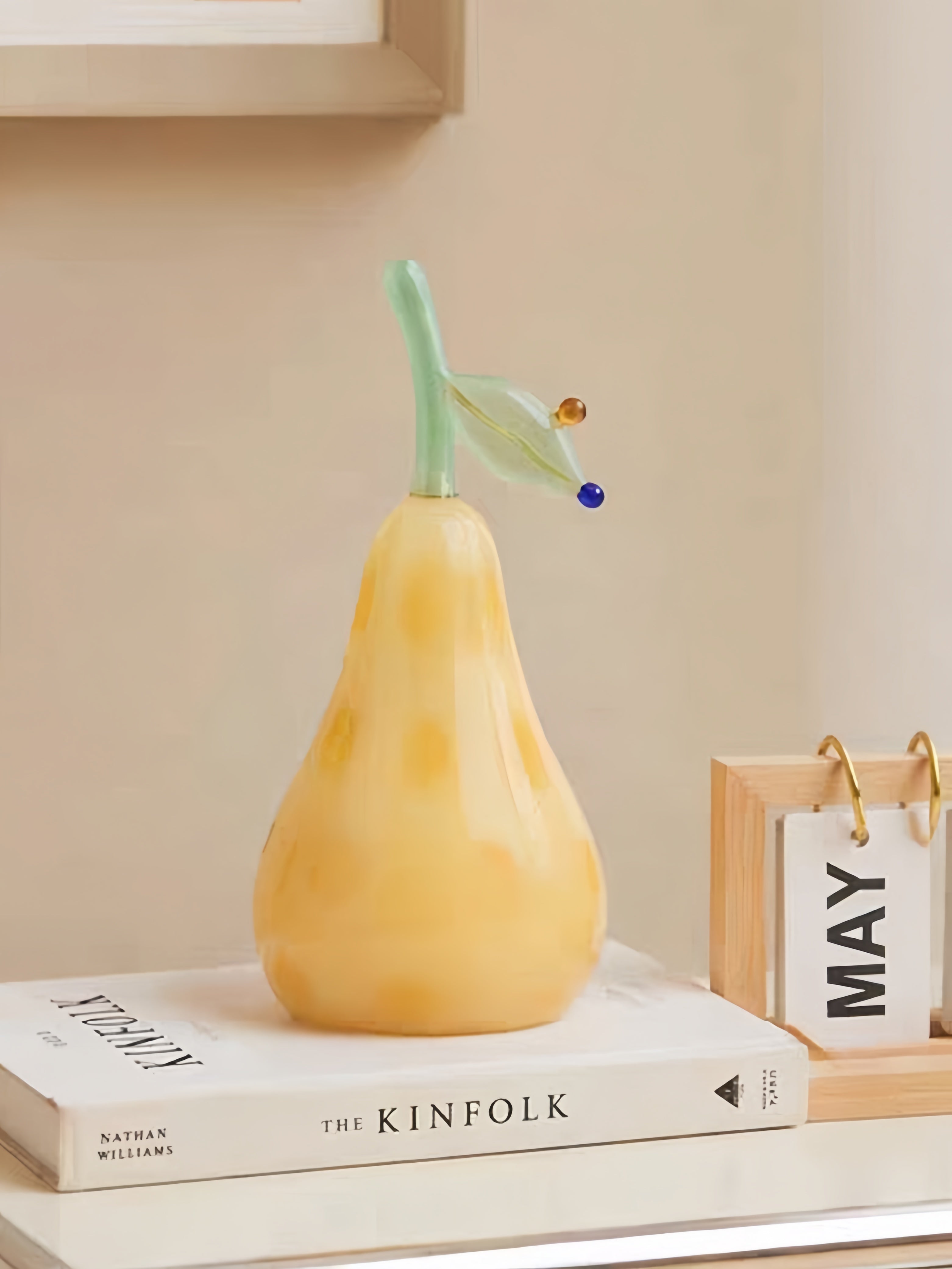 Golden Pear Glass Figurine, Whimsical Fruit Sculpture for Kitchen Shelf & Dining Table Decor