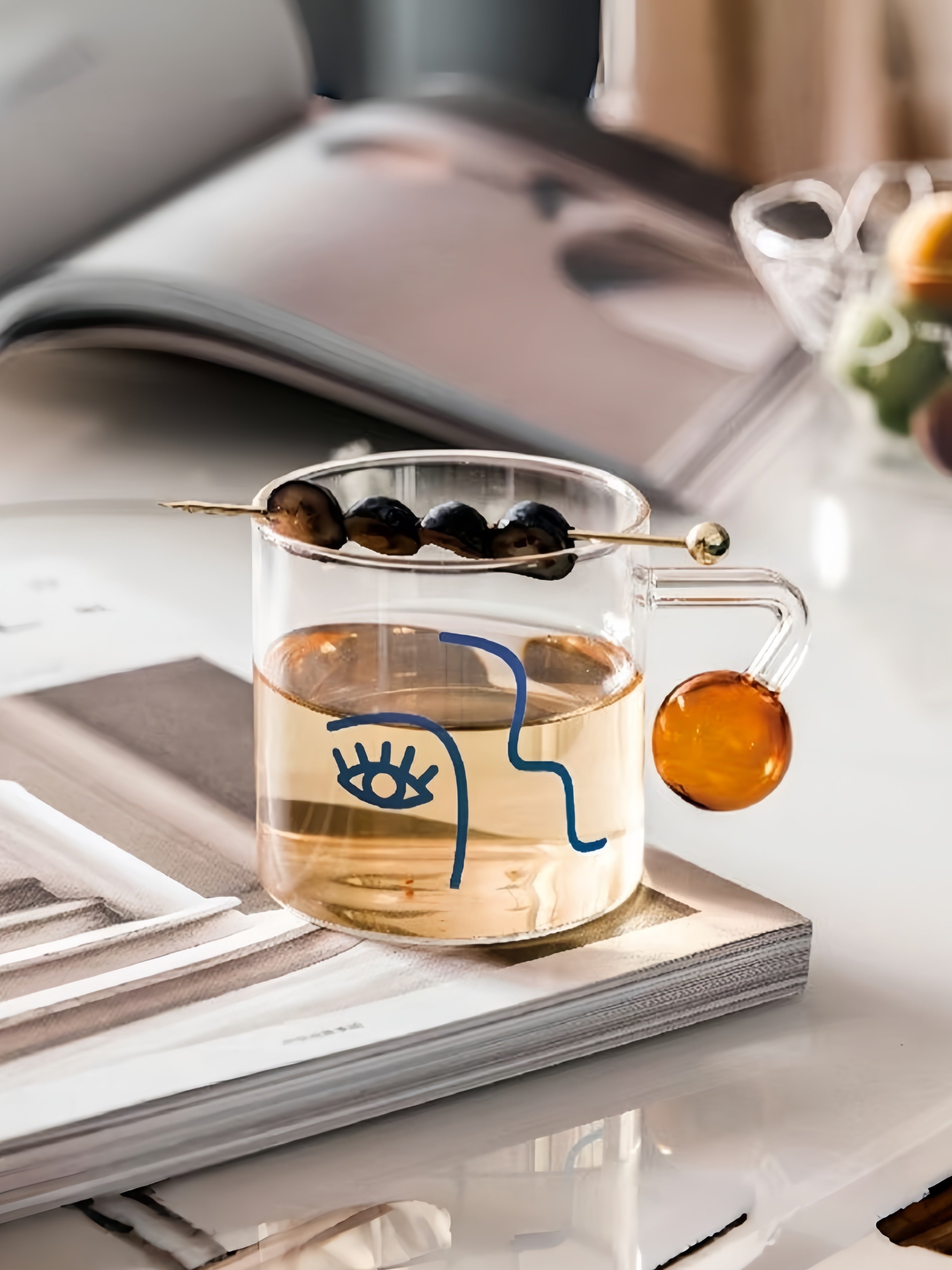 Artful Faces Glass Mug Set of 2, Playful Abstract Coffee, Espresso, Tea Cups with Handles