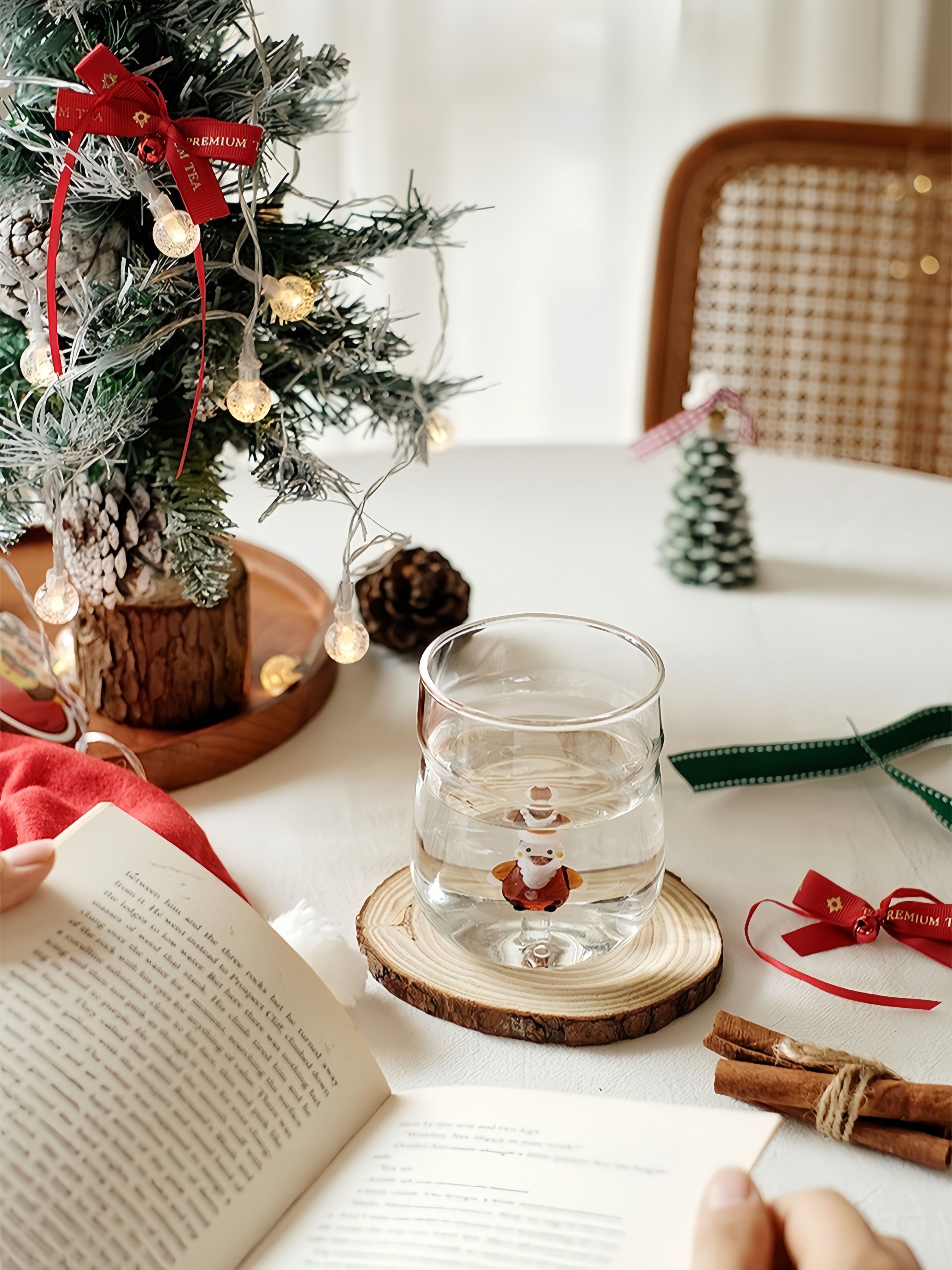 Christmas Cheer Glass Tumblers Set of 2, Whimsical Santa Xmas Tree Cups for Holiday Table Settings
