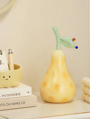 Golden Pear Glass Figurine, Whimsical Fruit Sculpture for Kitchen Shelf & Dining Table Decor
