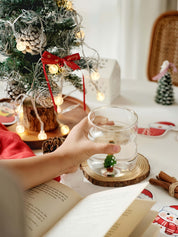 Christmas Cheer Glass Tumblers Set of 2, Whimsical Santa Xmas Tree Cups for Holiday Table Settings