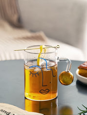 Artful Faces Glass Mug Set of 2, Playful Abstract Coffee, Espresso, Tea Cups with Handles