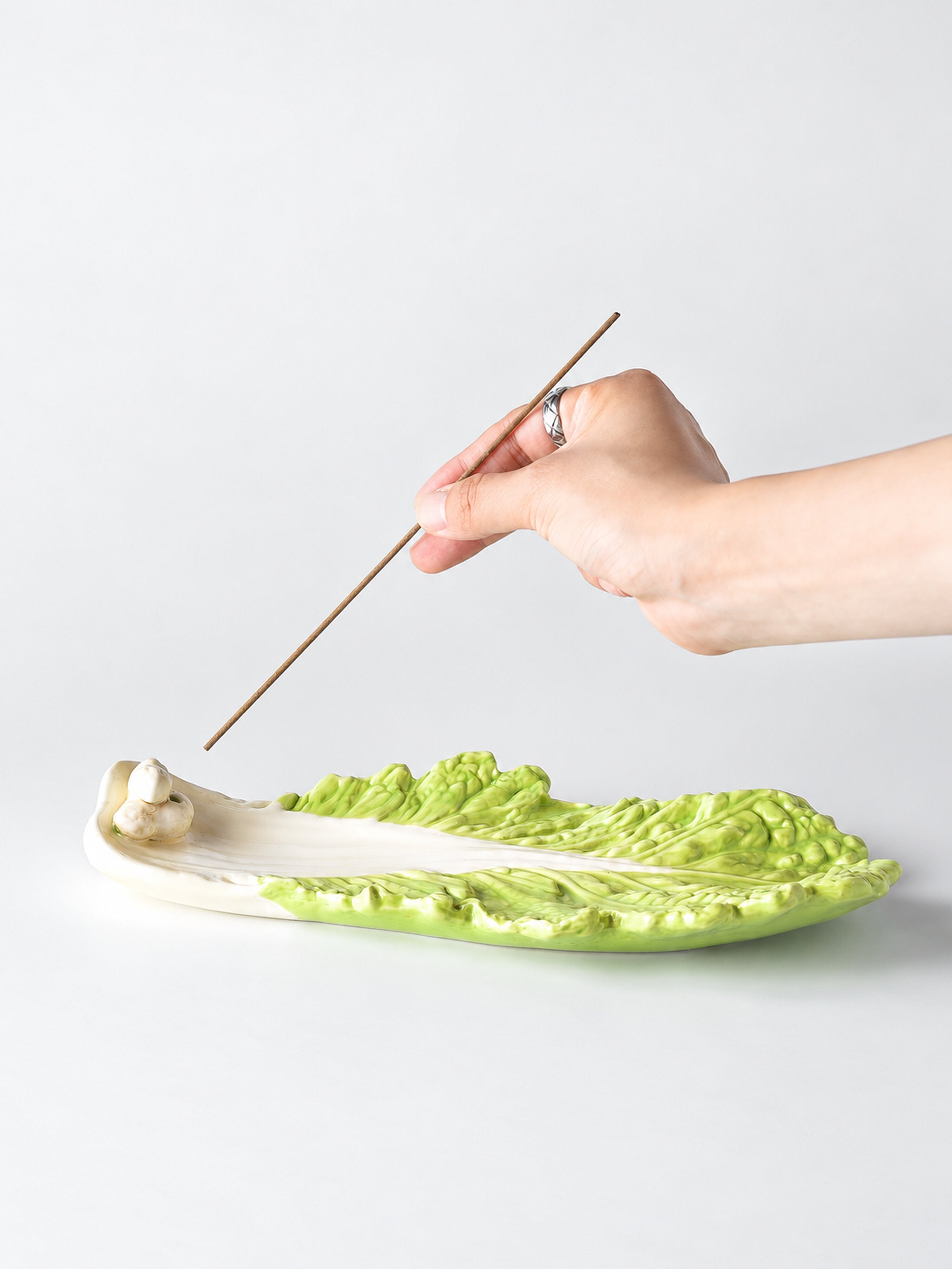 Ceramic Cabbage Incense Stick Holder with Ash Catcher, Whimsical Decor for Living Room Shelves