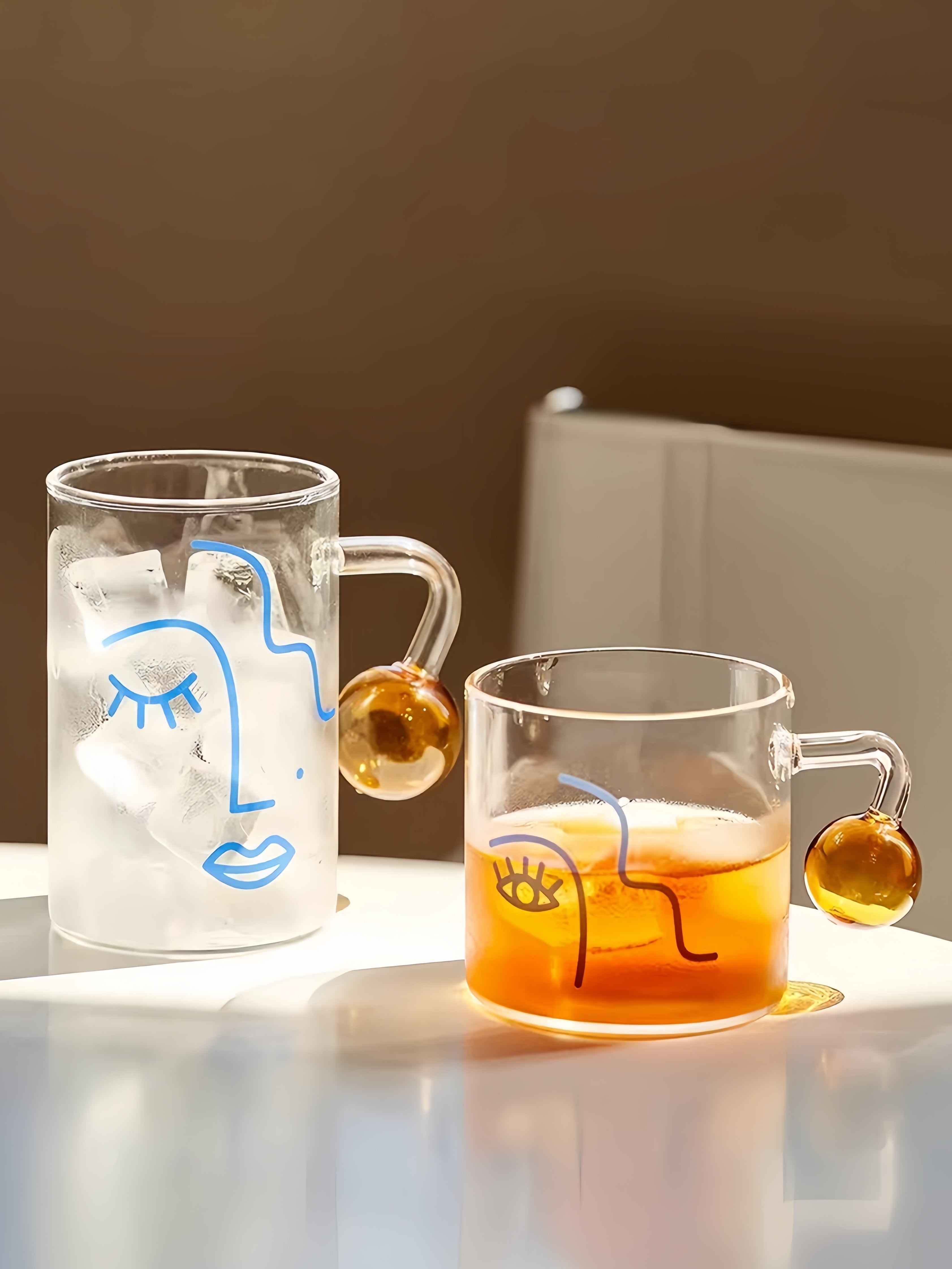 Artful Faces Glass Mug Set of 2, Playful Abstract Coffee, Espresso, Tea Cups with Handles