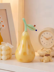 Golden Pear Glass Figurine, Whimsical Fruit Sculpture for Kitchen Shelf & Dining Table Decor