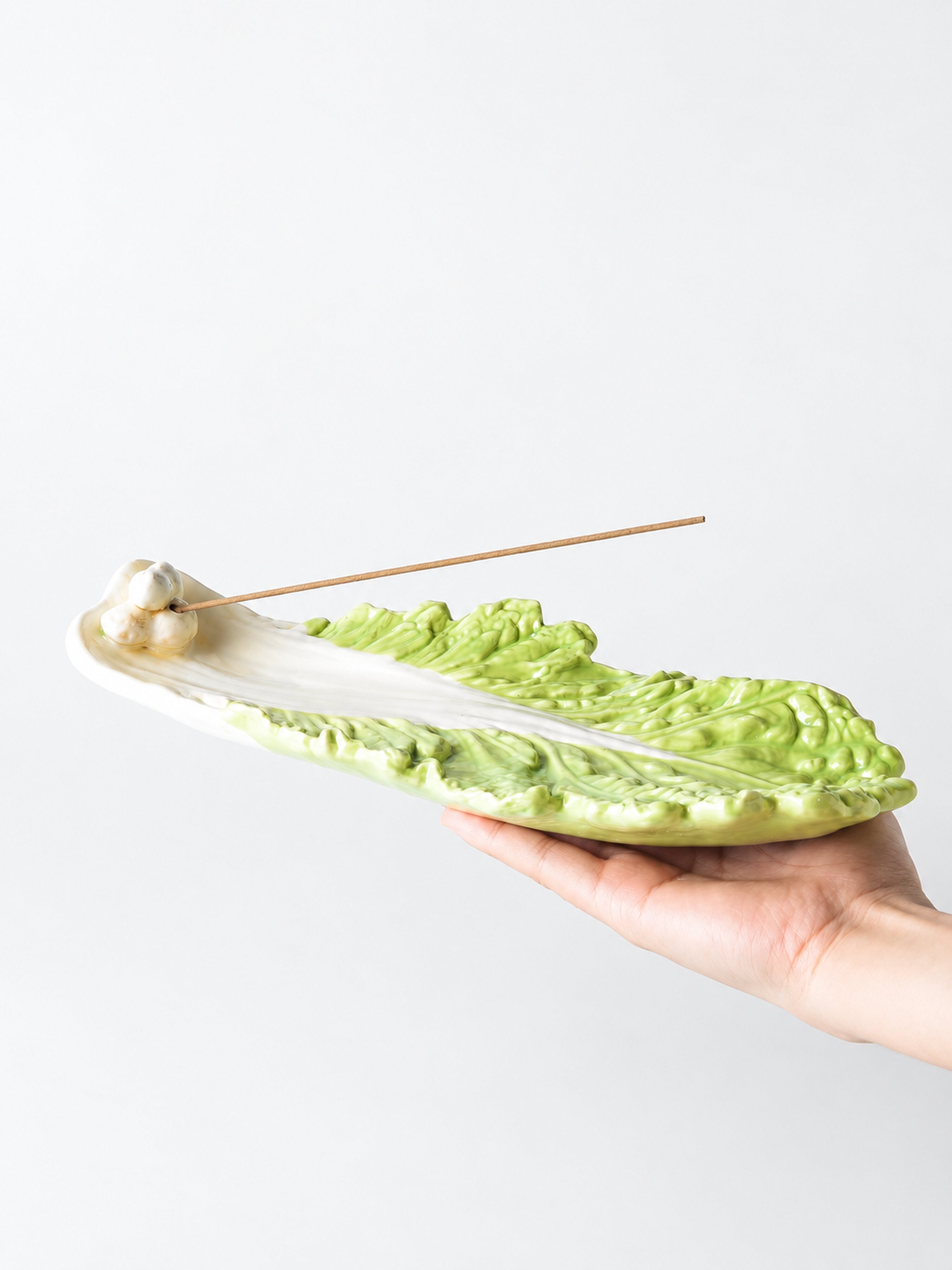 Ceramic Cabbage Incense Stick Holder with Ash Catcher, Whimsical Decor for Living Room Shelves