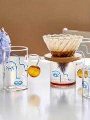 Artful Faces Glass Mug Set of 2, Playful Abstract Coffee, Espresso, Tea Cups with Handles