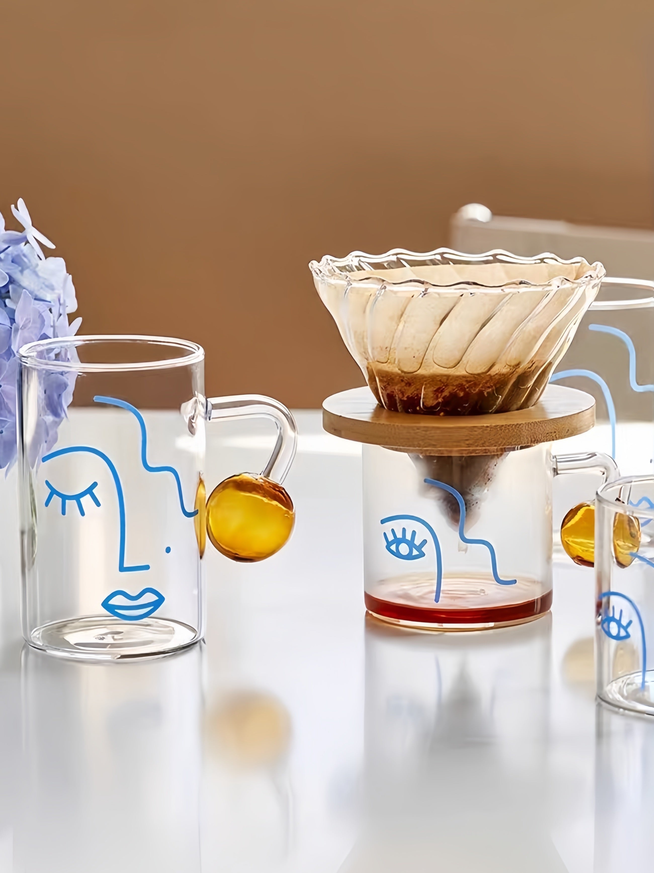 Artful Faces Glass Mug Set of 2, Playful Abstract Coffee, Espresso, Tea Cups with Handles