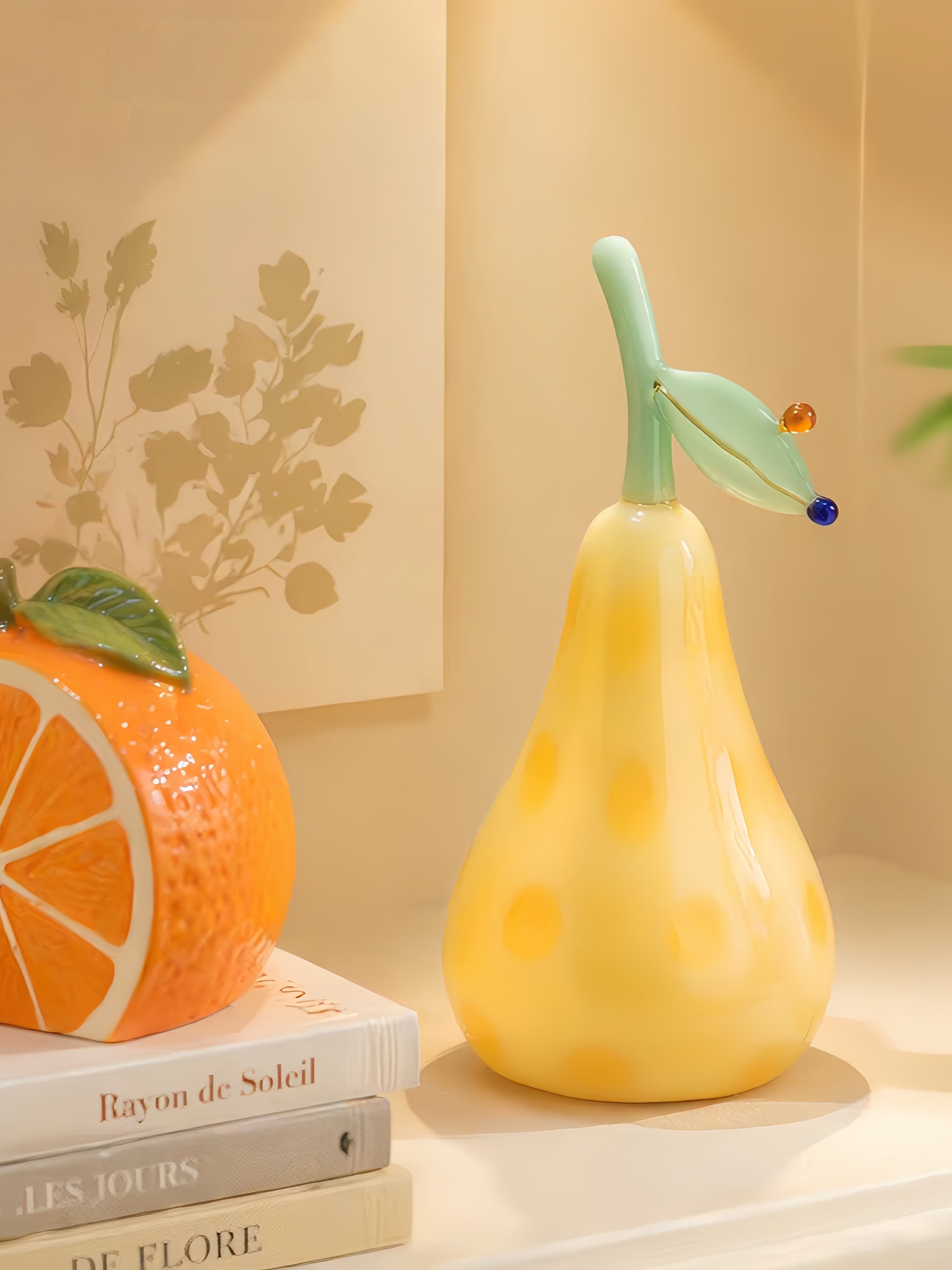 Golden Pear Glass Figurine, Whimsical Fruit Sculpture for Kitchen Shelf & Dining Table Decor