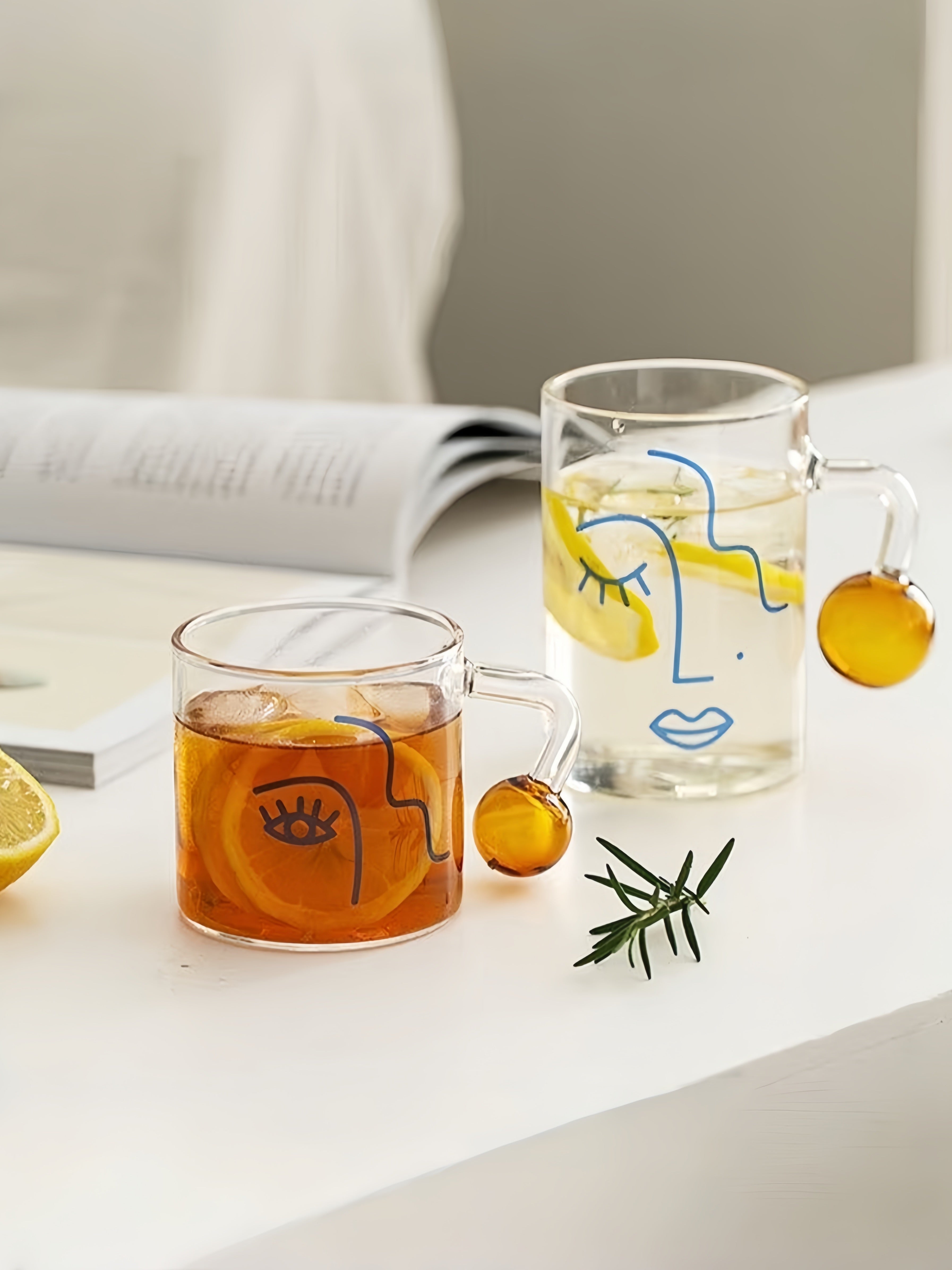 Artful Faces Glass Mug Set of 2, Playful Abstract Coffee, Espresso, Tea Cups with Handles