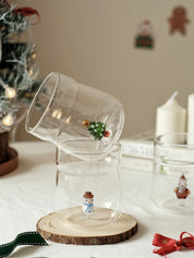 Christmas Cheer Glass Tumblers Set of 2, Whimsical Santa Xmas Tree Cups for Holiday Table Settings