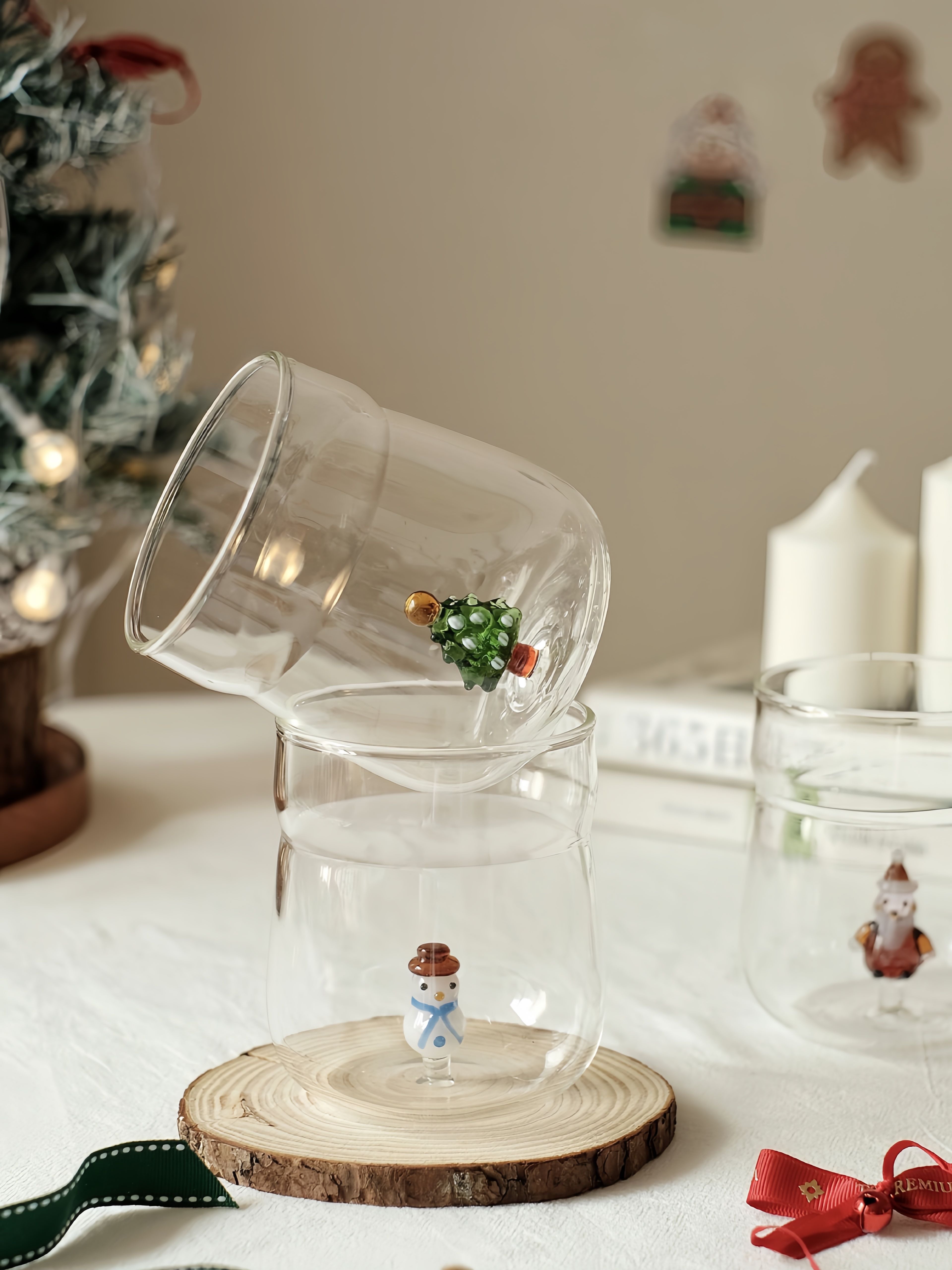 Christmas Cheer Glass Tumblers Set of 2, Whimsical Santa Xmas Tree Cups for Holiday Table Settings