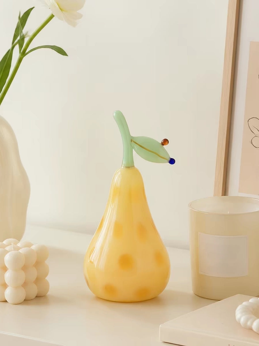 Golden Pear Glass Figurine, Whimsical Fruit Sculpture for Kitchen Shelf & Dining Table Decor