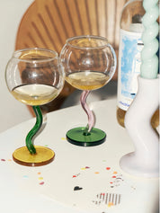 Handblown Bubble Wine Glass - Retro Whimsical Eclectic Wavy Stemmed Goblets