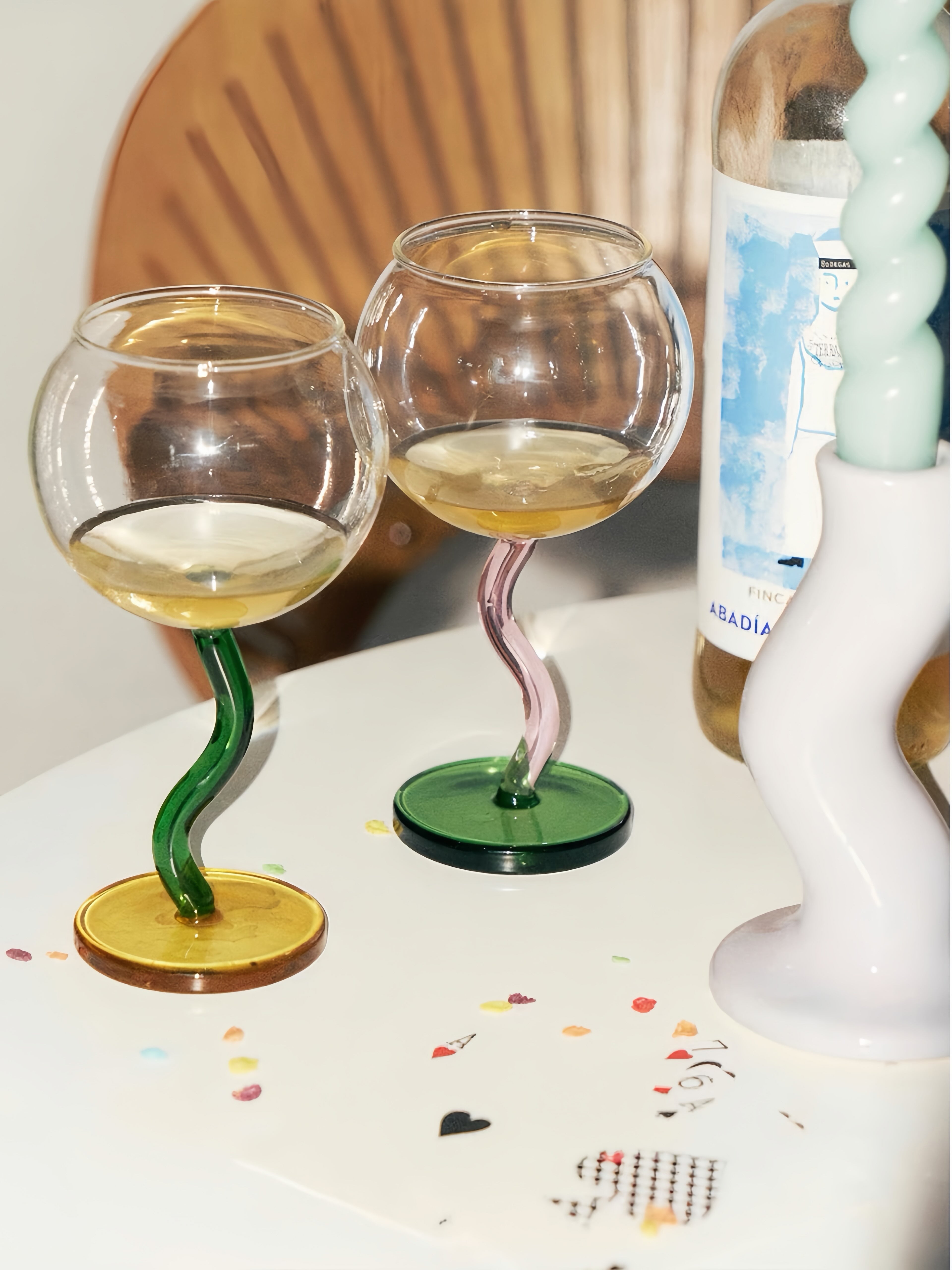 Handblown Bubble Wine Glass - Retro Whimsical Eclectic Wavy Stemmed Goblets