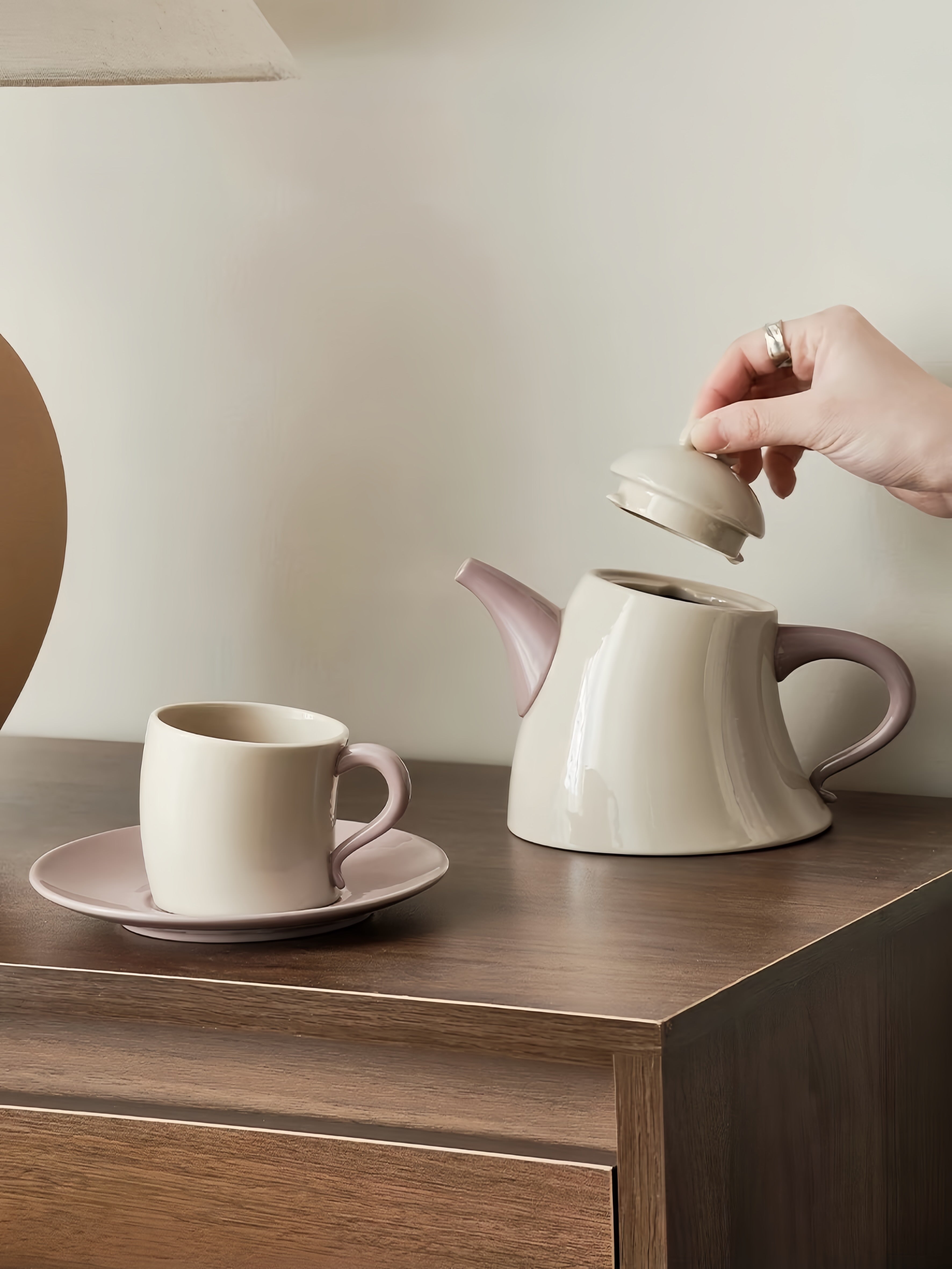 Postmodern Whimsical Wiggle Handle Ceramic Tea Set with Teapot and Mugs