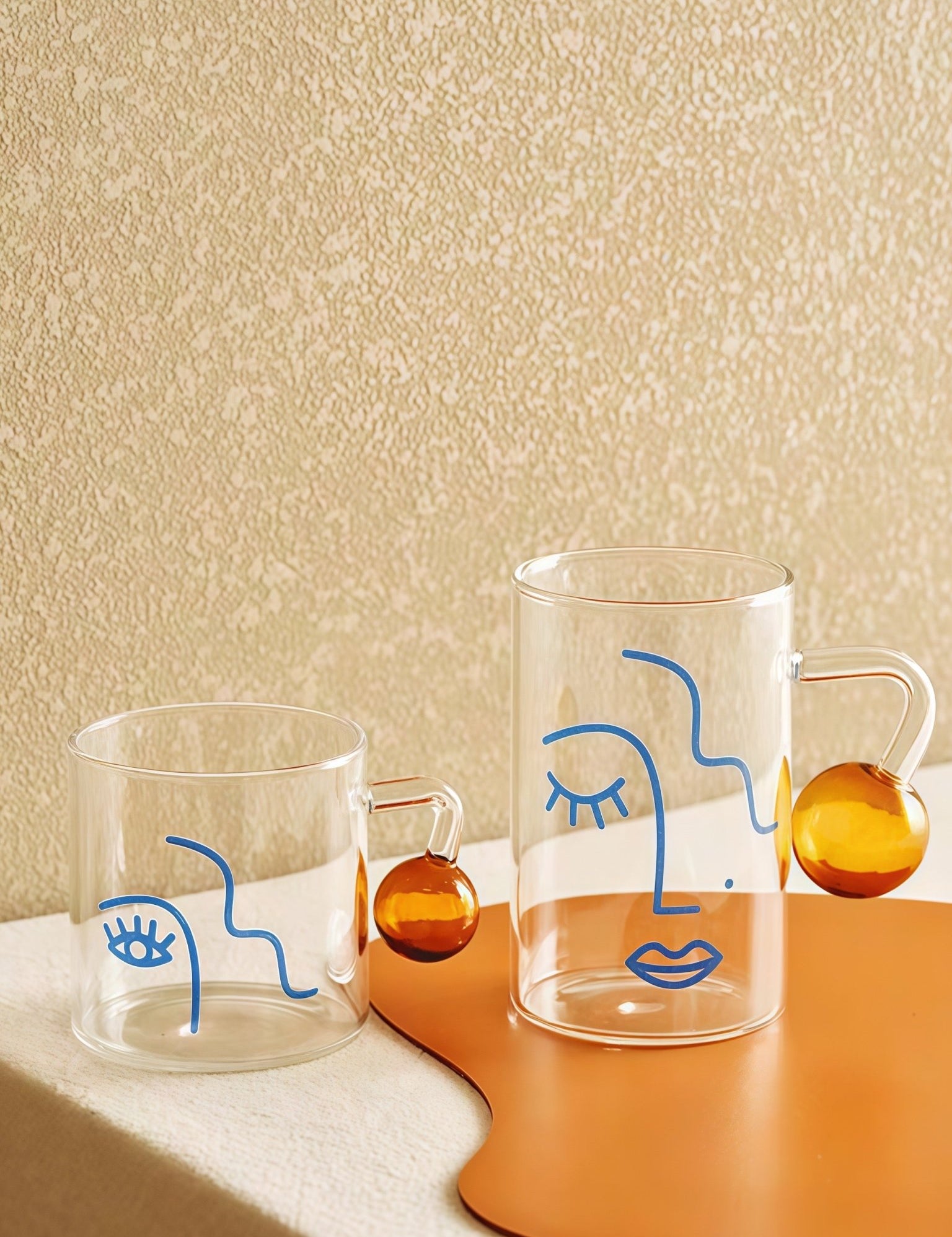 Artful Faces Glass Mug Set of 2, Playful Abstract Coffee, Espresso, Tea Cups with Handles - Artful Faces Glass Mug Set of 2 - INSPECIAL HOME