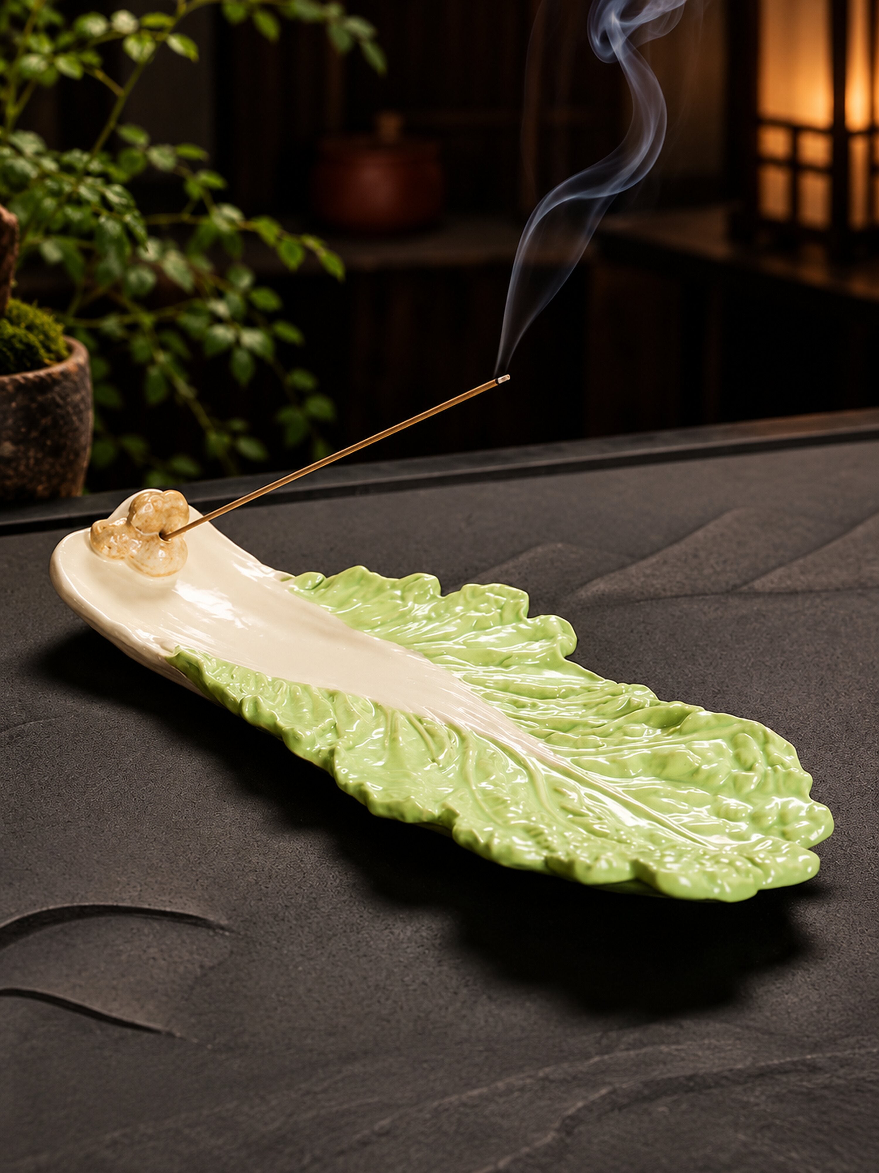 Ceramic Cabbage Incense Stick Holder with Ash Catcher, Whimsical Decor for Living Room Shelves