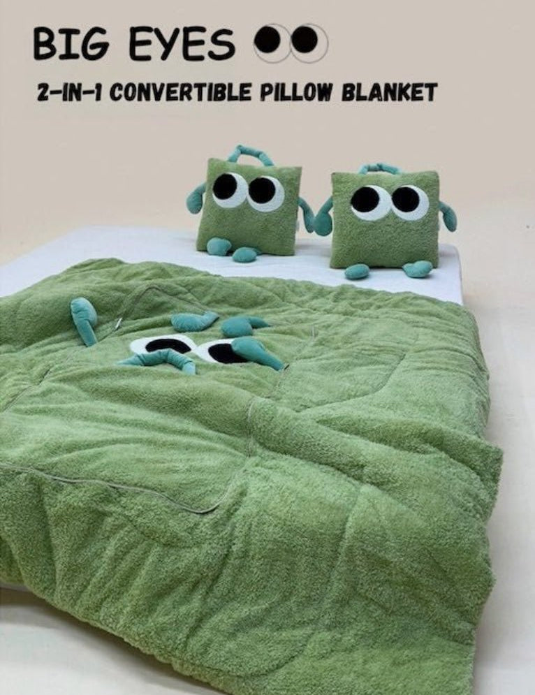Big Eyes 2 - in - 1 Convertible Throw Pillow Blanket, Cute Whimsical Soft Cushion - Big Eyes 2-in-1 Convertible Blanket-Green-Medium - INSPECIAL HOME