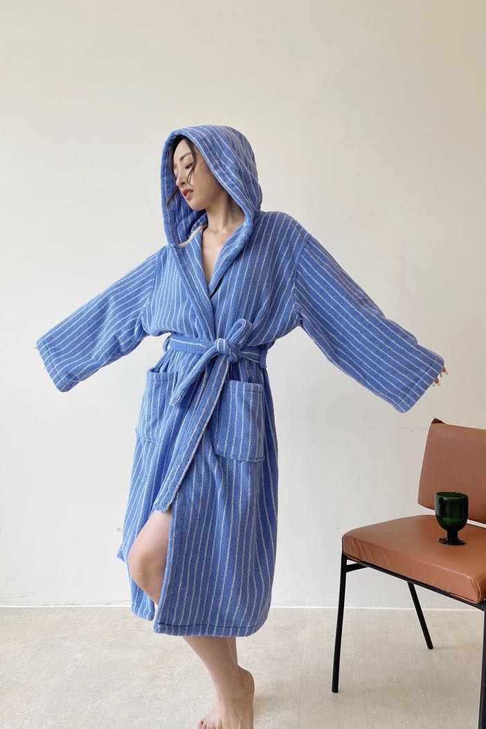 Blue Retro Hooded Stripe Bathrobe, 100% ORGANIC Long-stapled Cotton Blue Retro Hooded Stripe Bathrobe, 100% ORGANIC Long-stapled Cotton