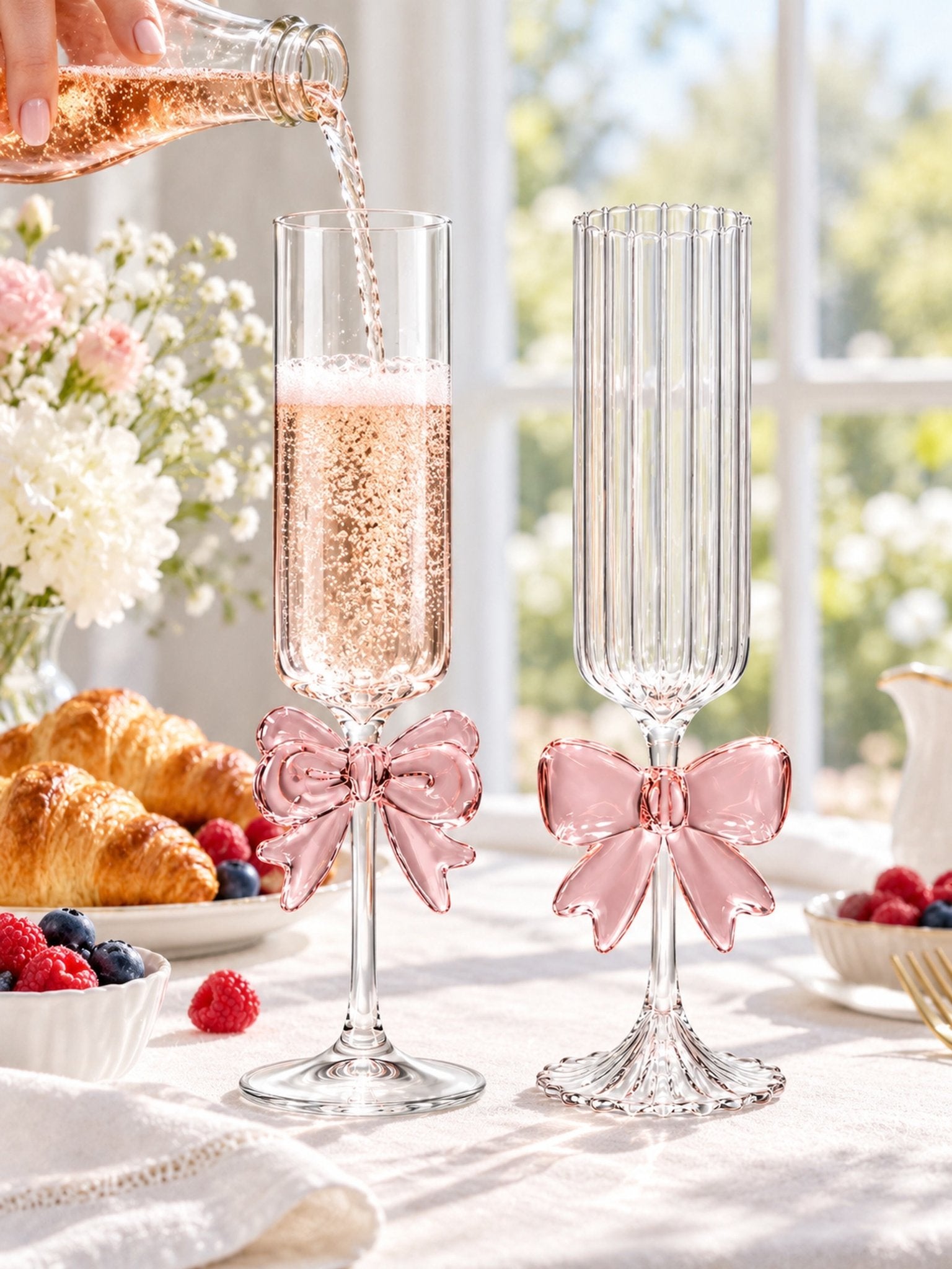 Blush Bow Champagne Flutes Set of 2, Whimsical Pink Glassware for Wedding, Anniversary Dinners Tables -Champagne Flutes- Blush Bow Champagne Flutes - INSPECIAL HOME
