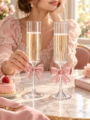 Blush Bow Champagne Flutes Set of 2, Whimsical Pink Glassware for Wedding, Anniversary Dinners Tables -Champagne Flutes- Blush Bow Champagne Flutes - INSPECIAL HOME