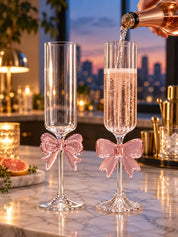 Blush Bow Champagne Flutes Set of 2, Whimsical Pink Glassware for Wedding, Anniversary Dinners Tables -Champagne Flutes- Blush Bow Champagne Flutes - INSPECIAL HOME